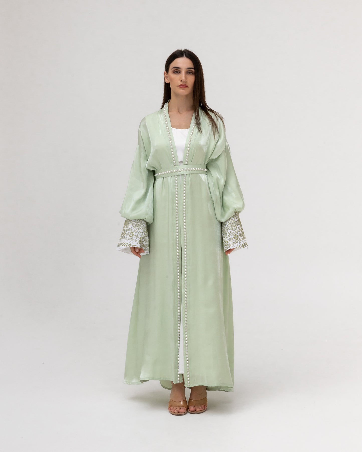 Pastel Green Abaya with Pearls and Embroidery