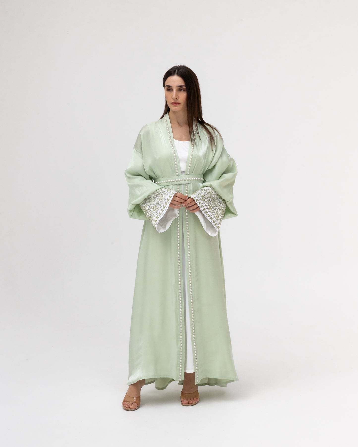 Pastel Green Abaya with Pearls and Embroidery