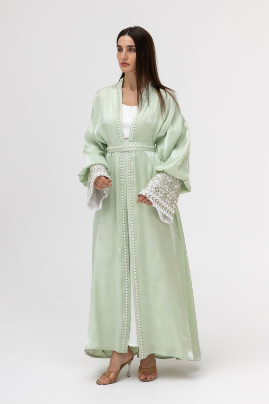 Pastel Green Abaya with Pearls and Embroidery