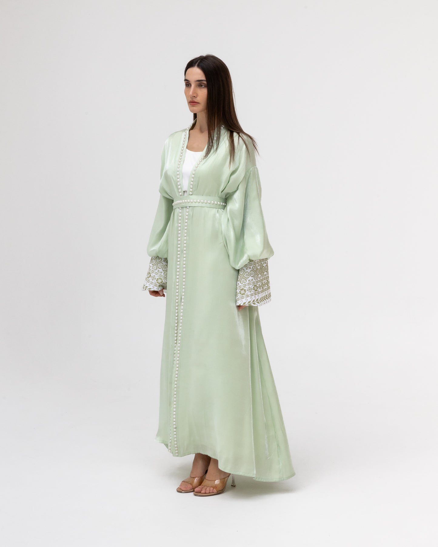 Pastel Green Abaya with Pearls and Embroidery