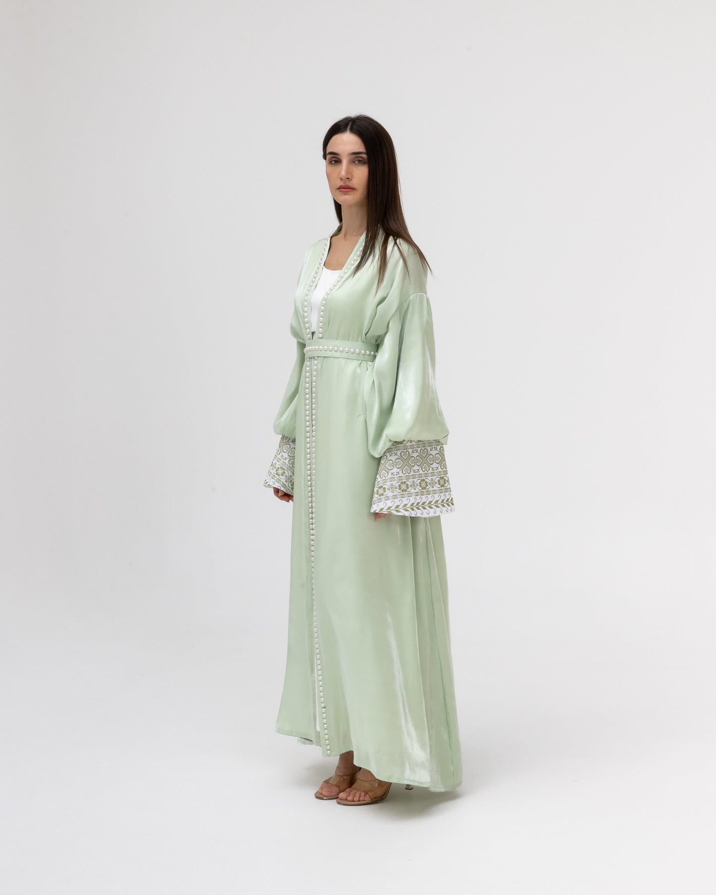 Pastel Green Abaya with Pearls and Embroidery
