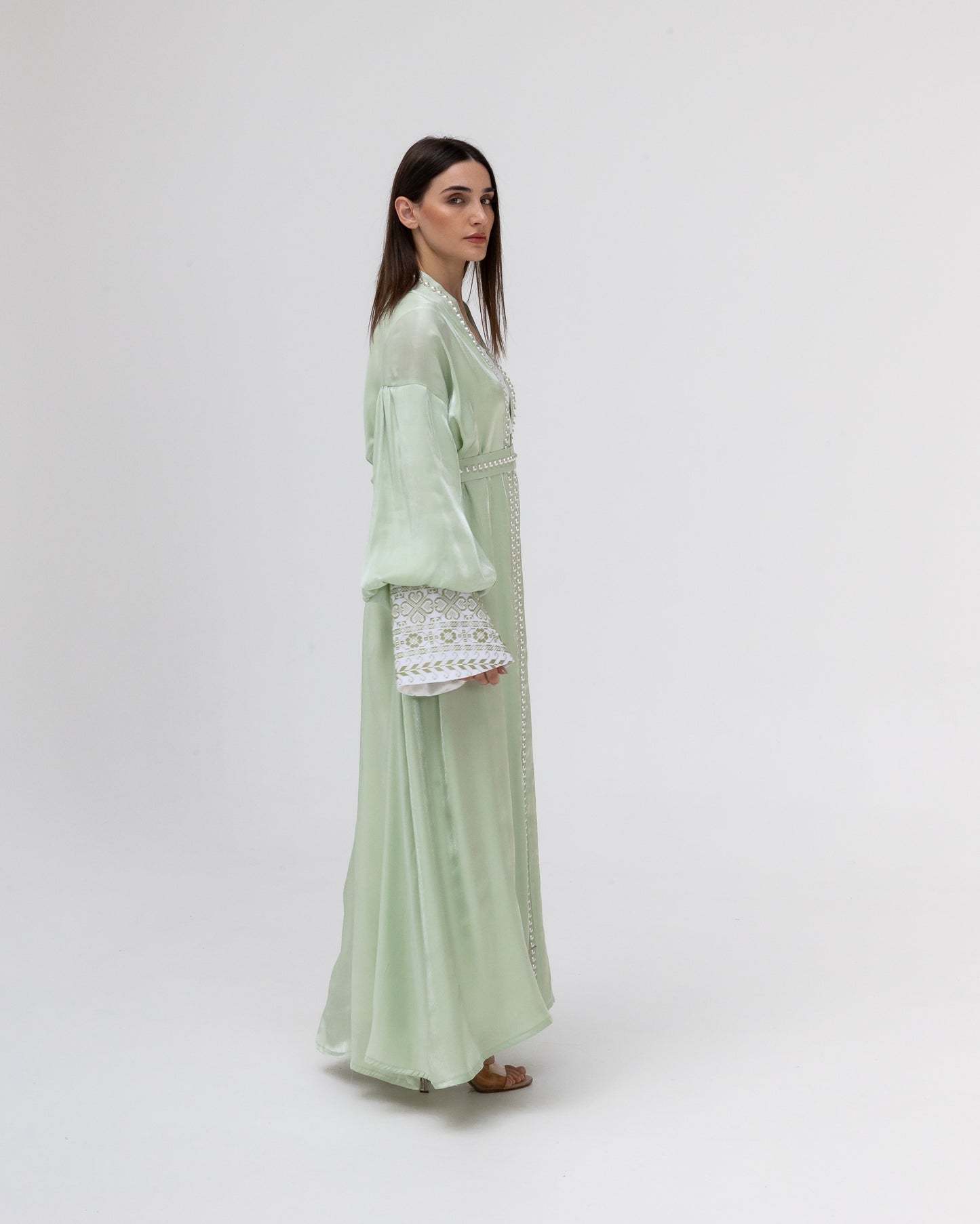 Pastel Green Abaya with Pearls and Embroidery