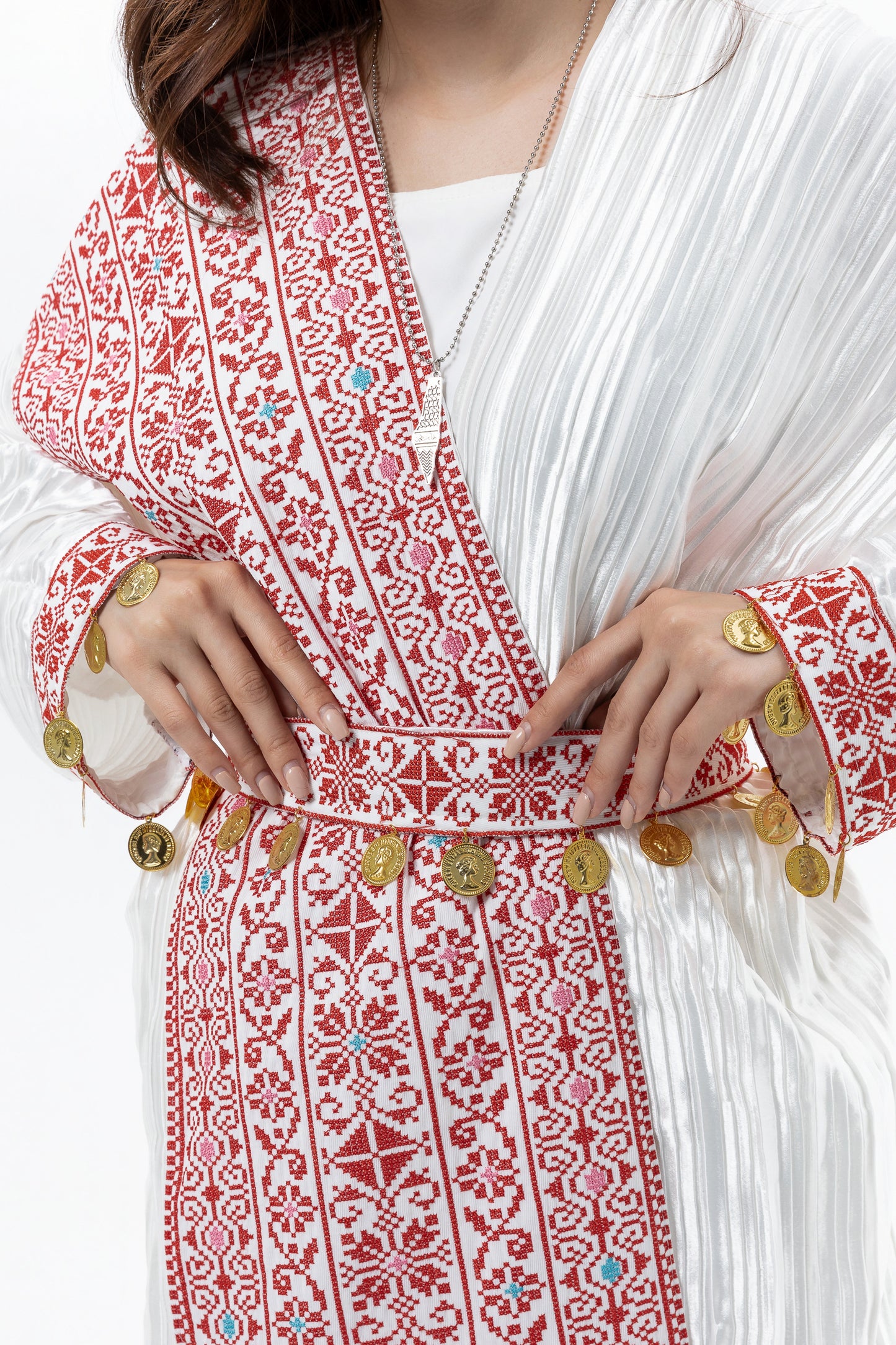 Pleated White Abaya with Tatreez