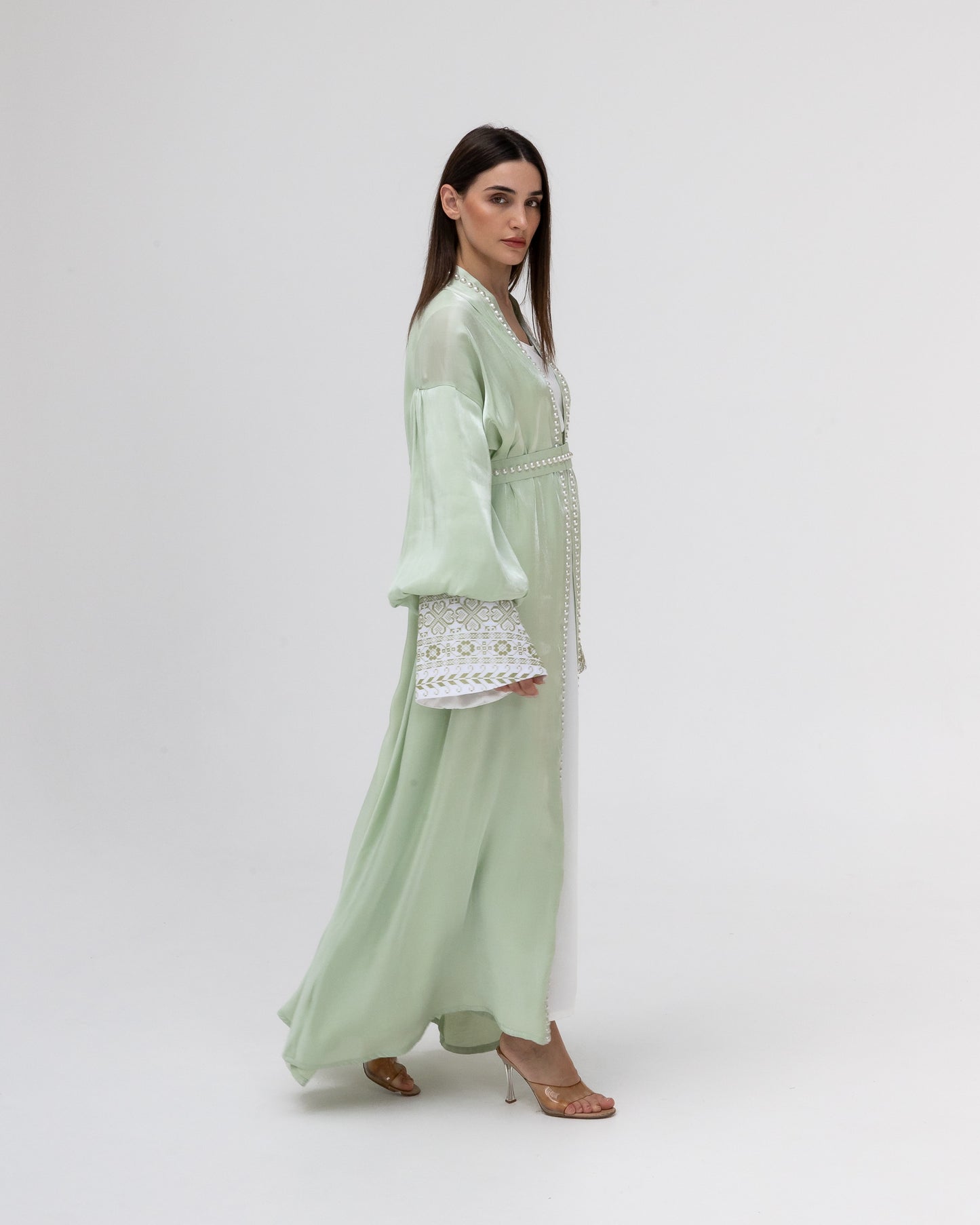 Pastel Green Abaya with Pearls and Embroidery
