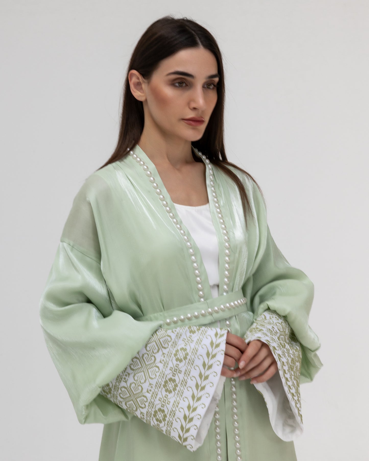 Pastel Green Abaya with Pearls and Embroidery