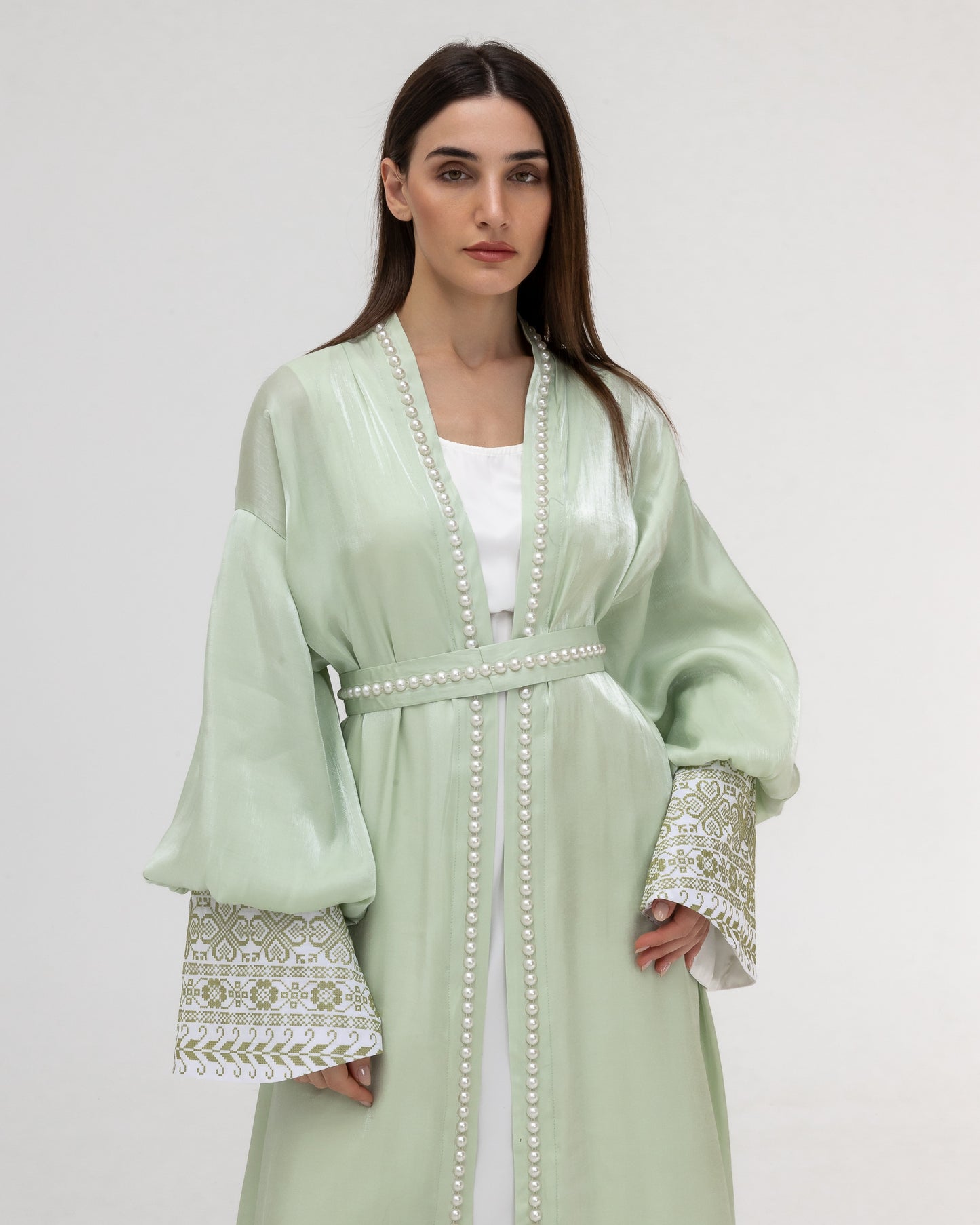 Pastel Green Abaya with Pearls and Embroidery