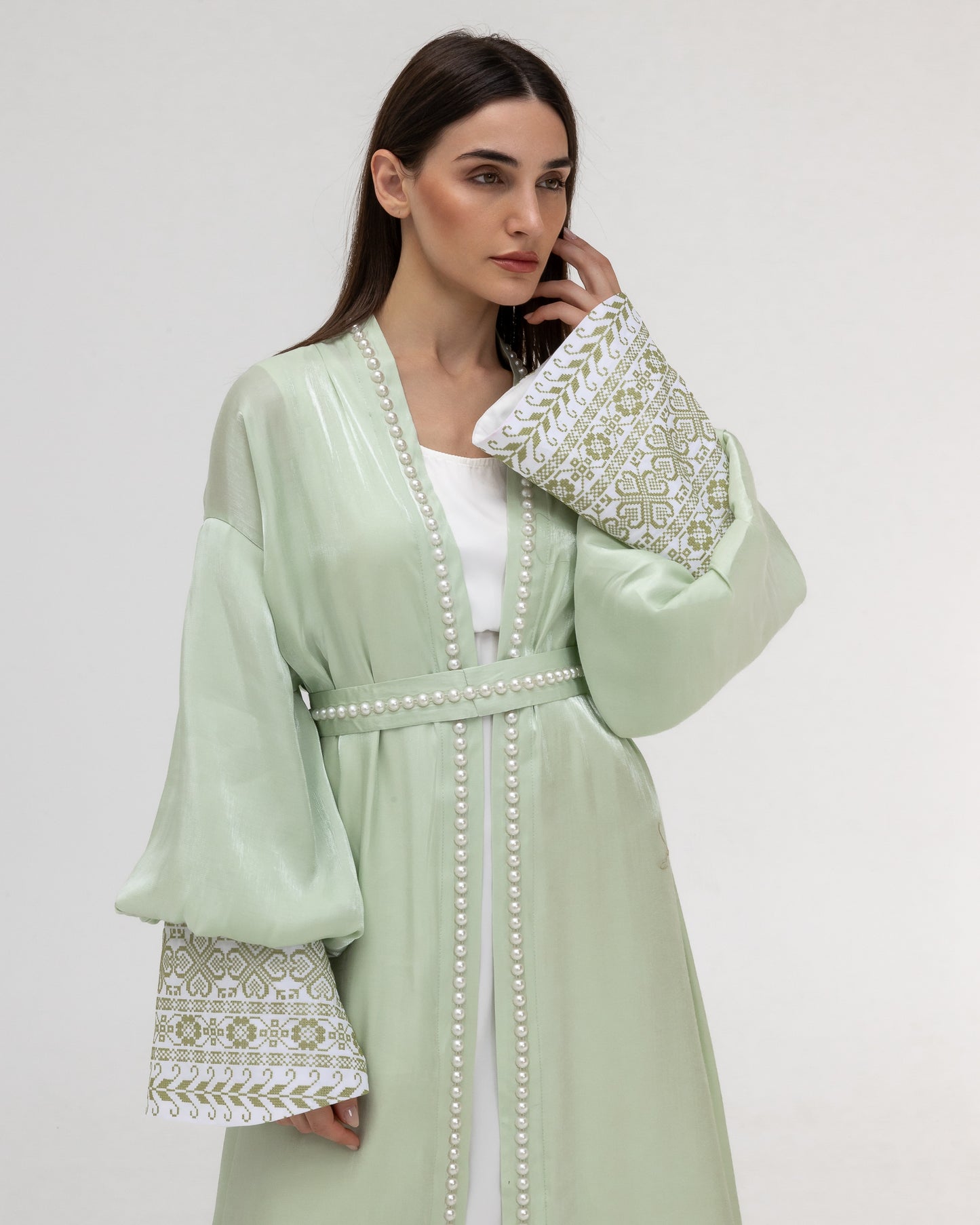 Pastel Green Abaya with Pearls and Embroidery