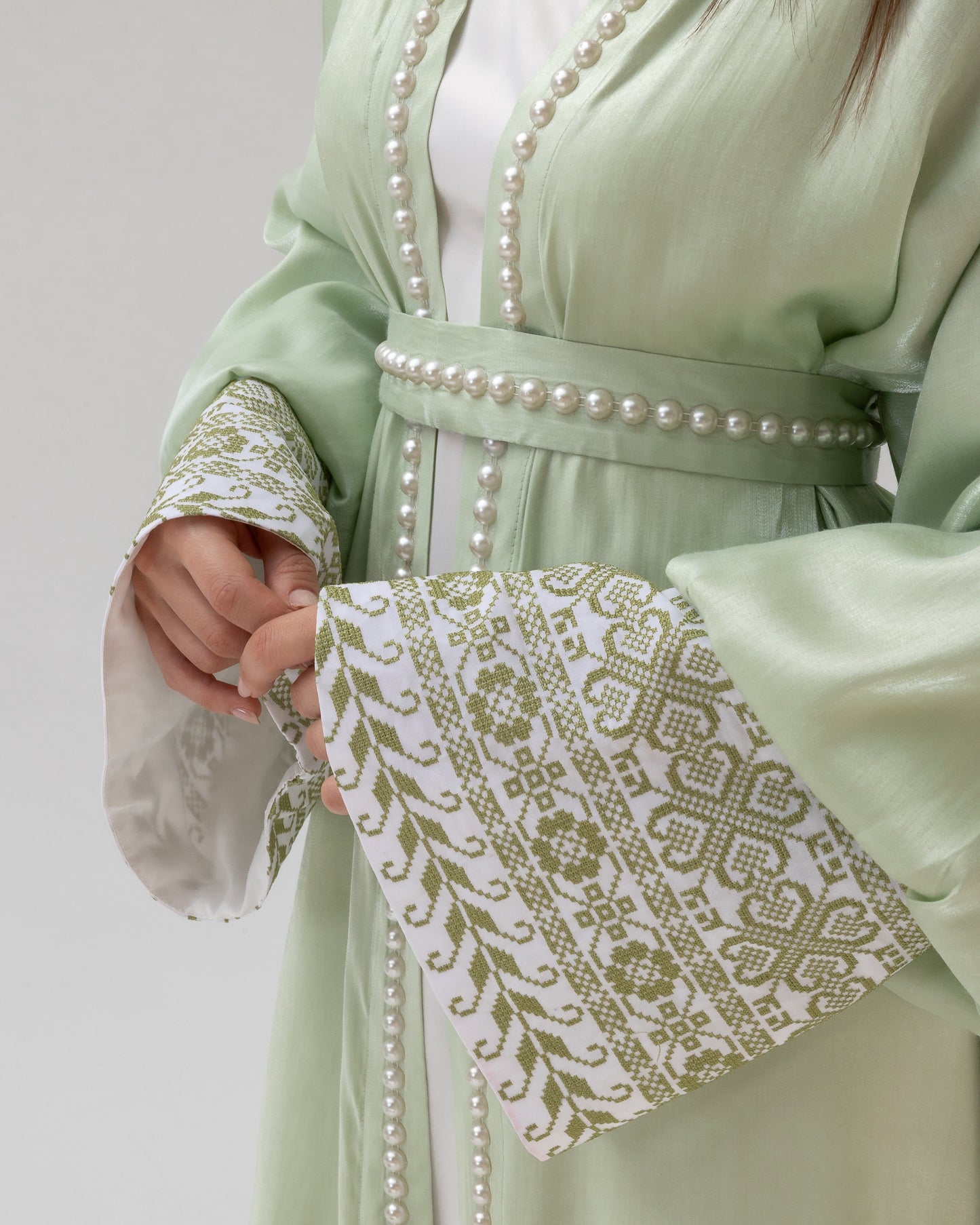 Pastel Green Abaya with Pearls and Embroidery