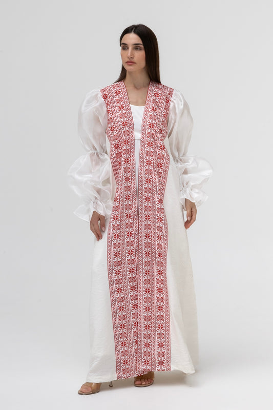 Embroidered White & Red Abaya with Puff Sleeves