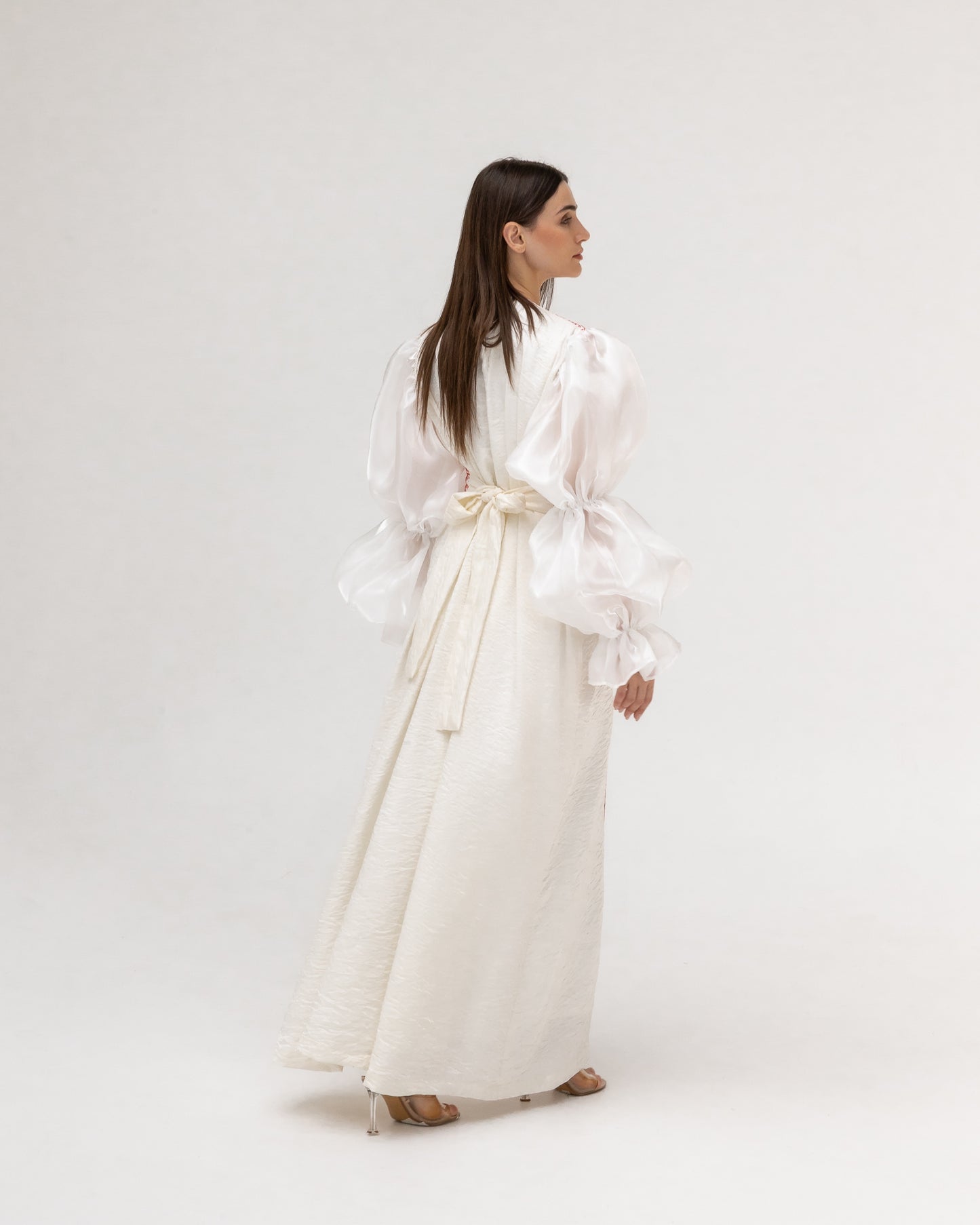 Embroidered White & Red Abaya with Puff Sleeves