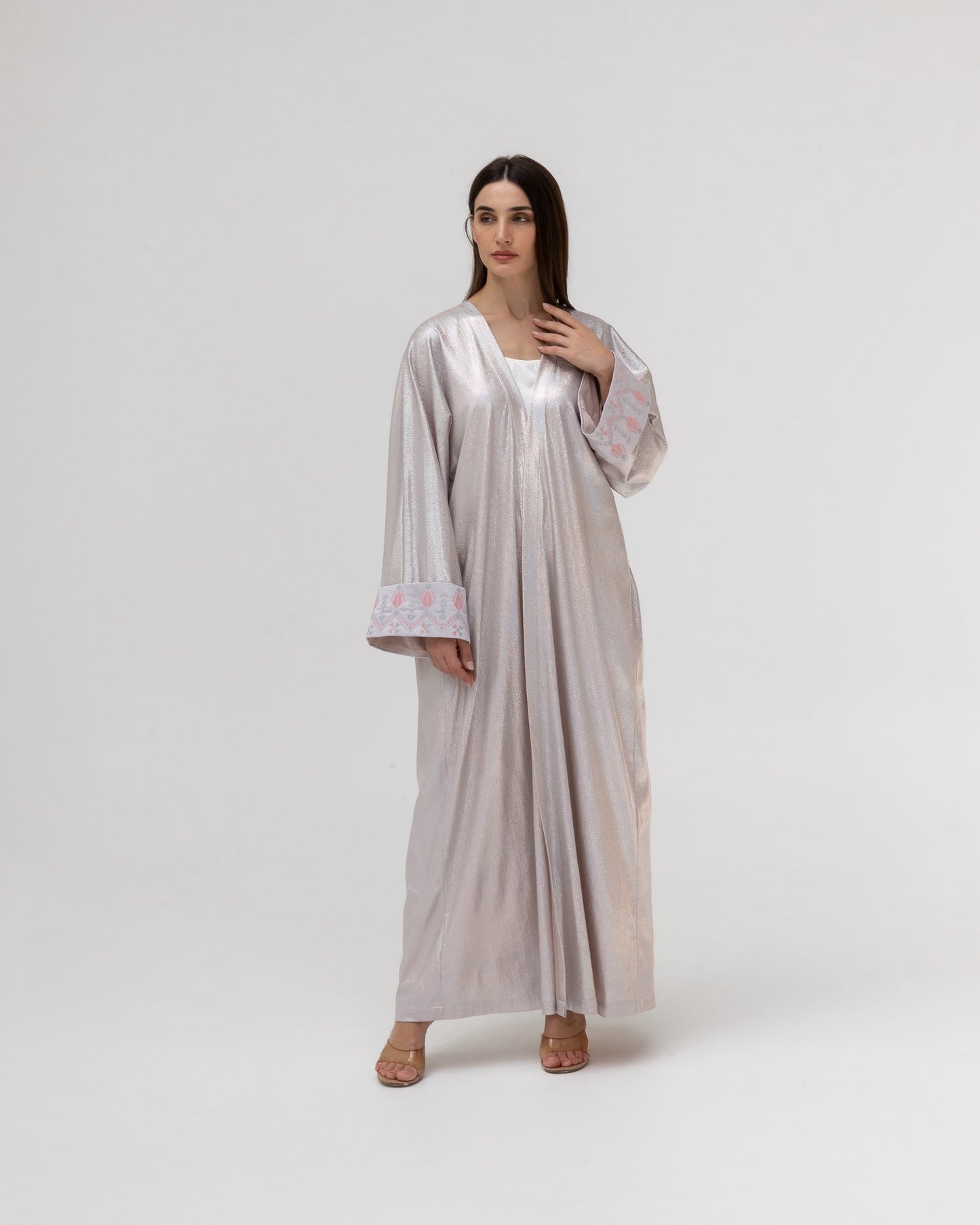 Shimmering Silver Abaya with Soft Embroidery