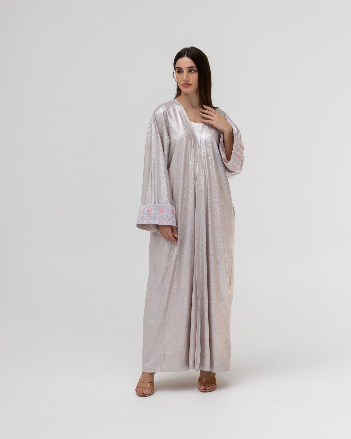 Shimmering Silver Abaya with Soft Embroidery