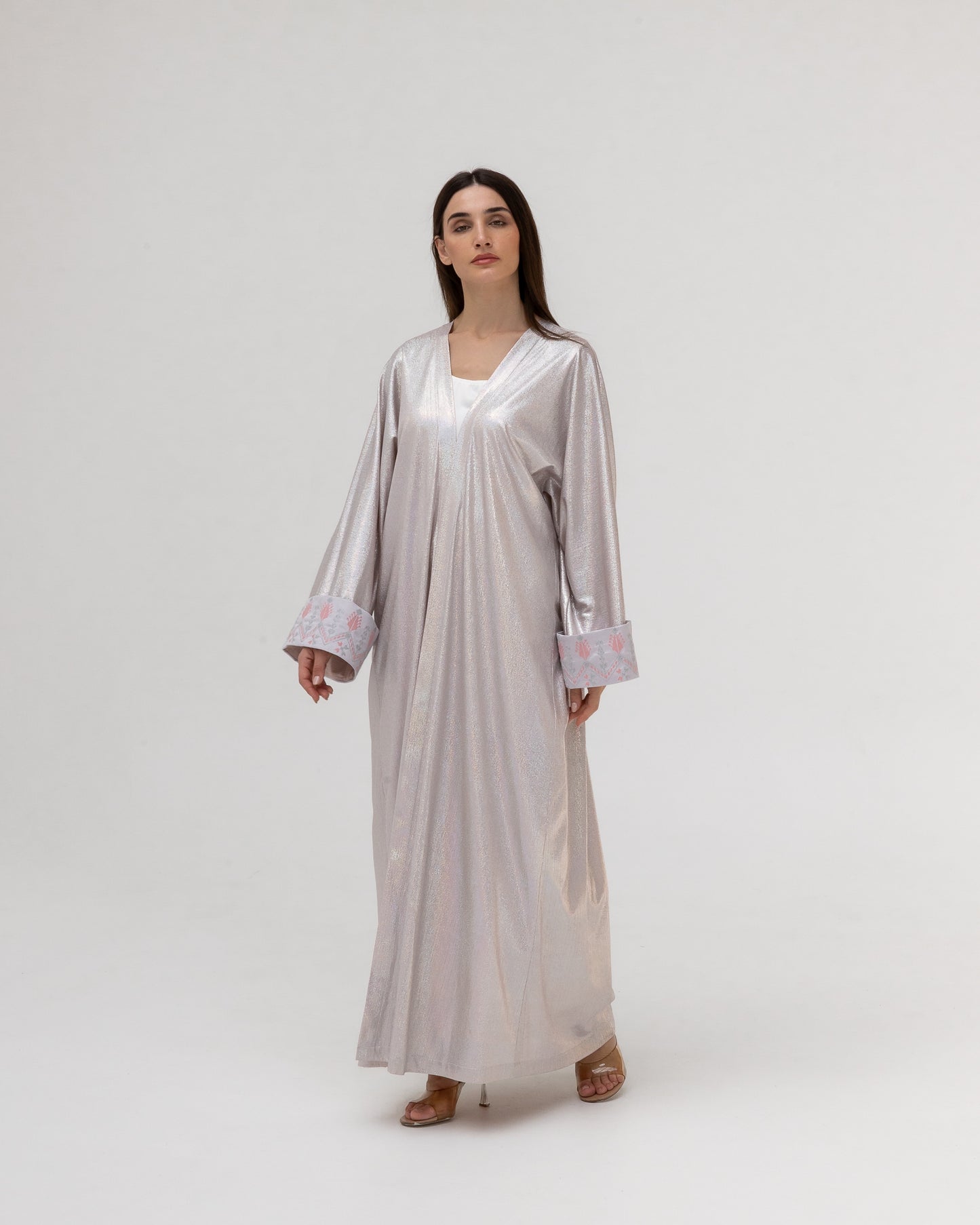 Shimmering Silver Abaya with Soft Embroidery