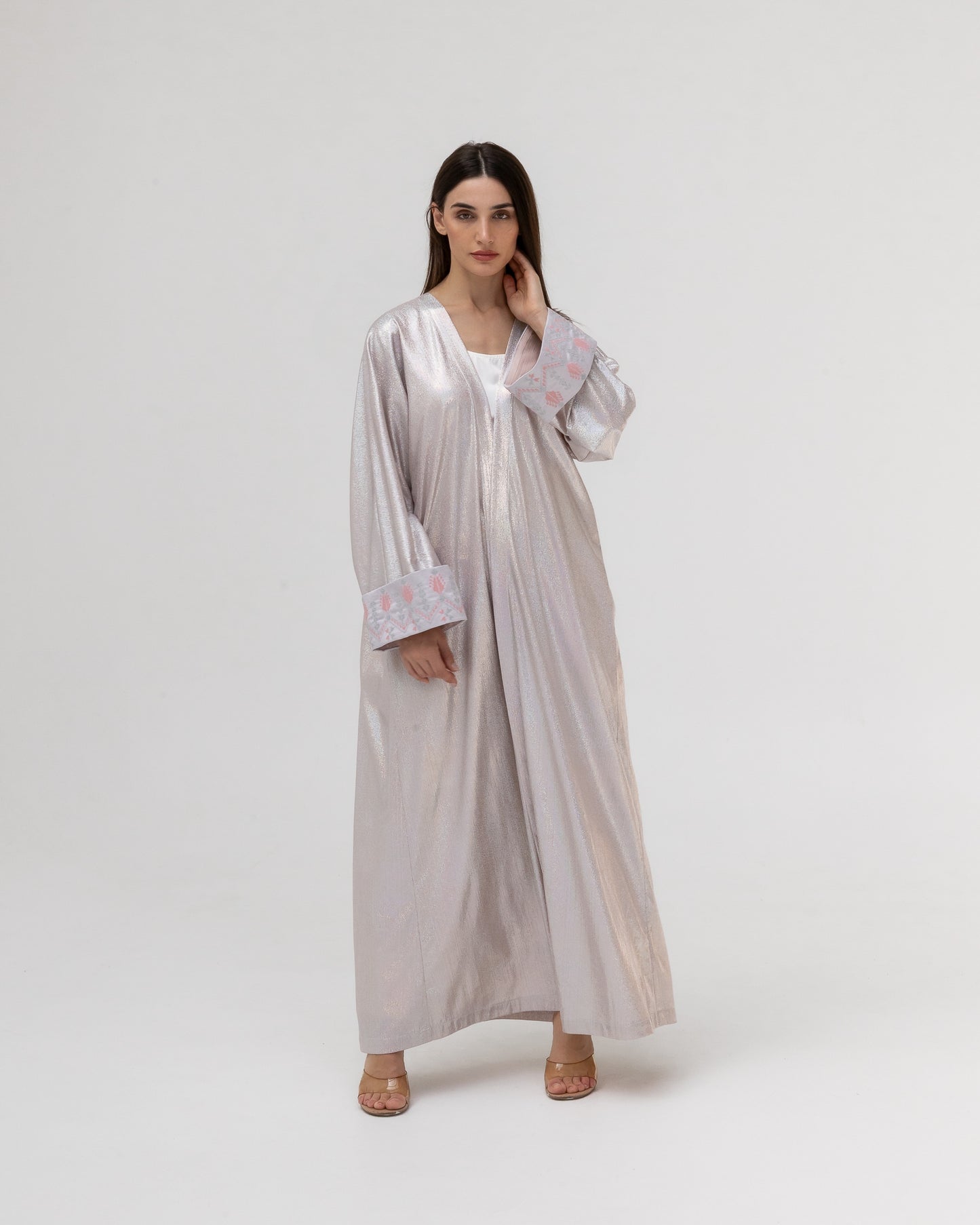 Shimmering Silver Abaya with Soft Embroidery