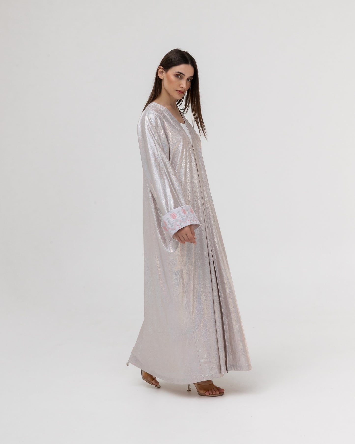 Shimmering Silver Abaya with Soft Embroidery
