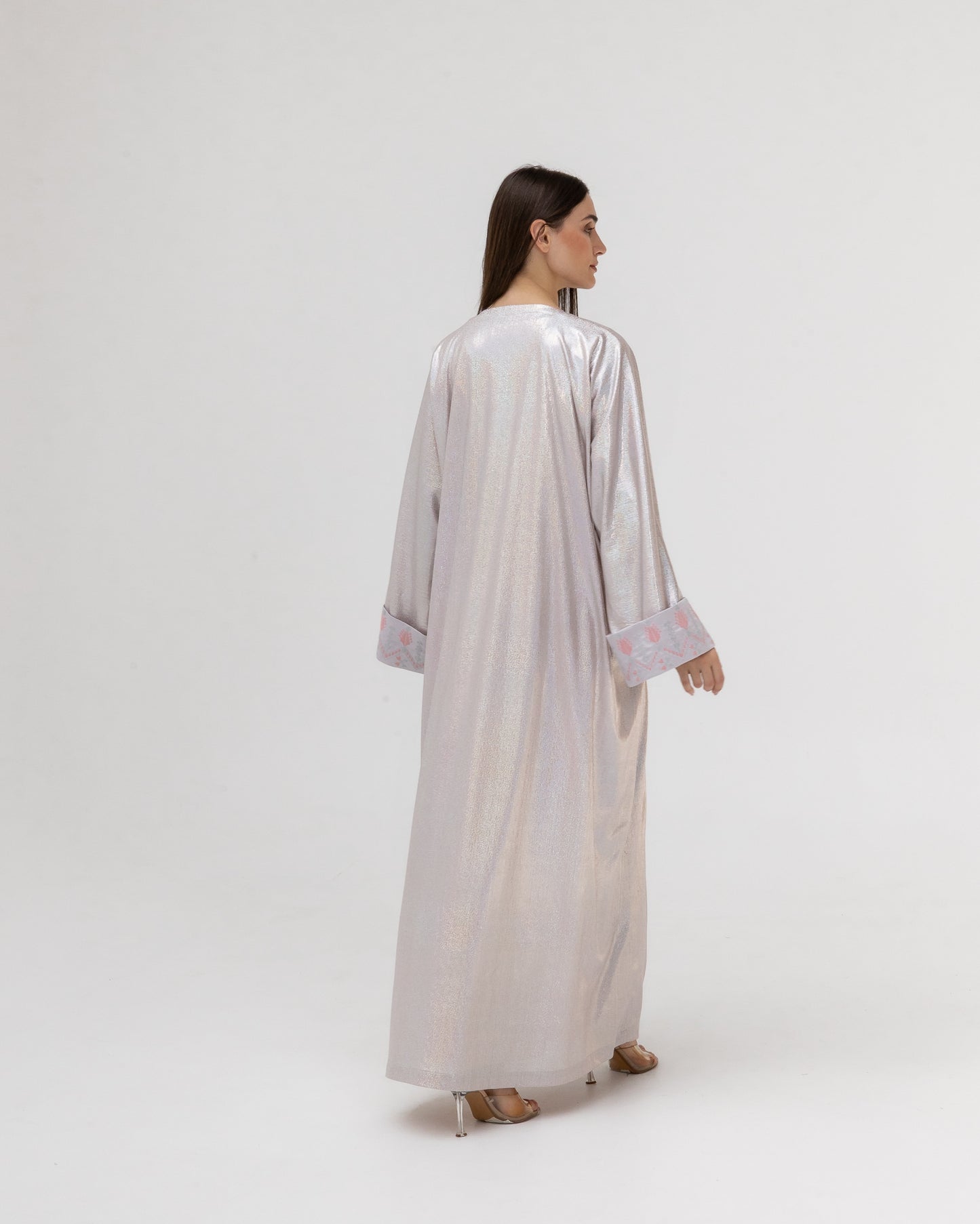 Shimmering Silver Abaya with Soft Embroidery