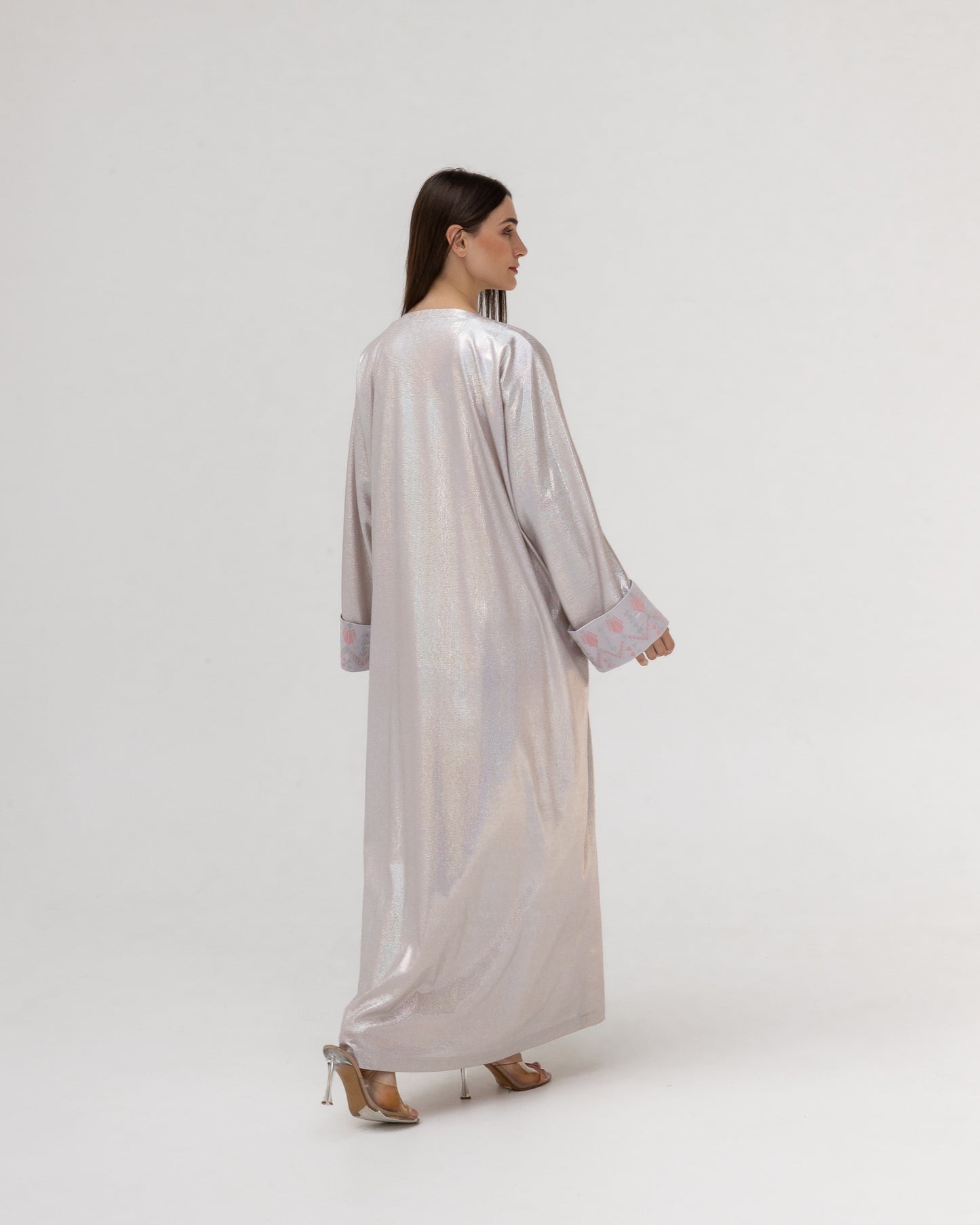 Shimmering Silver Abaya with Soft Embroidery