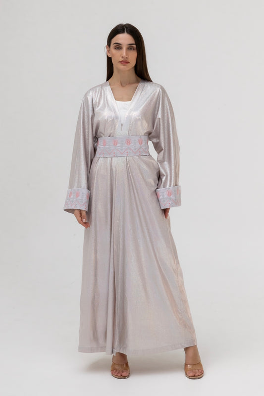 Shimmering Silver Abaya with Soft Embroidery