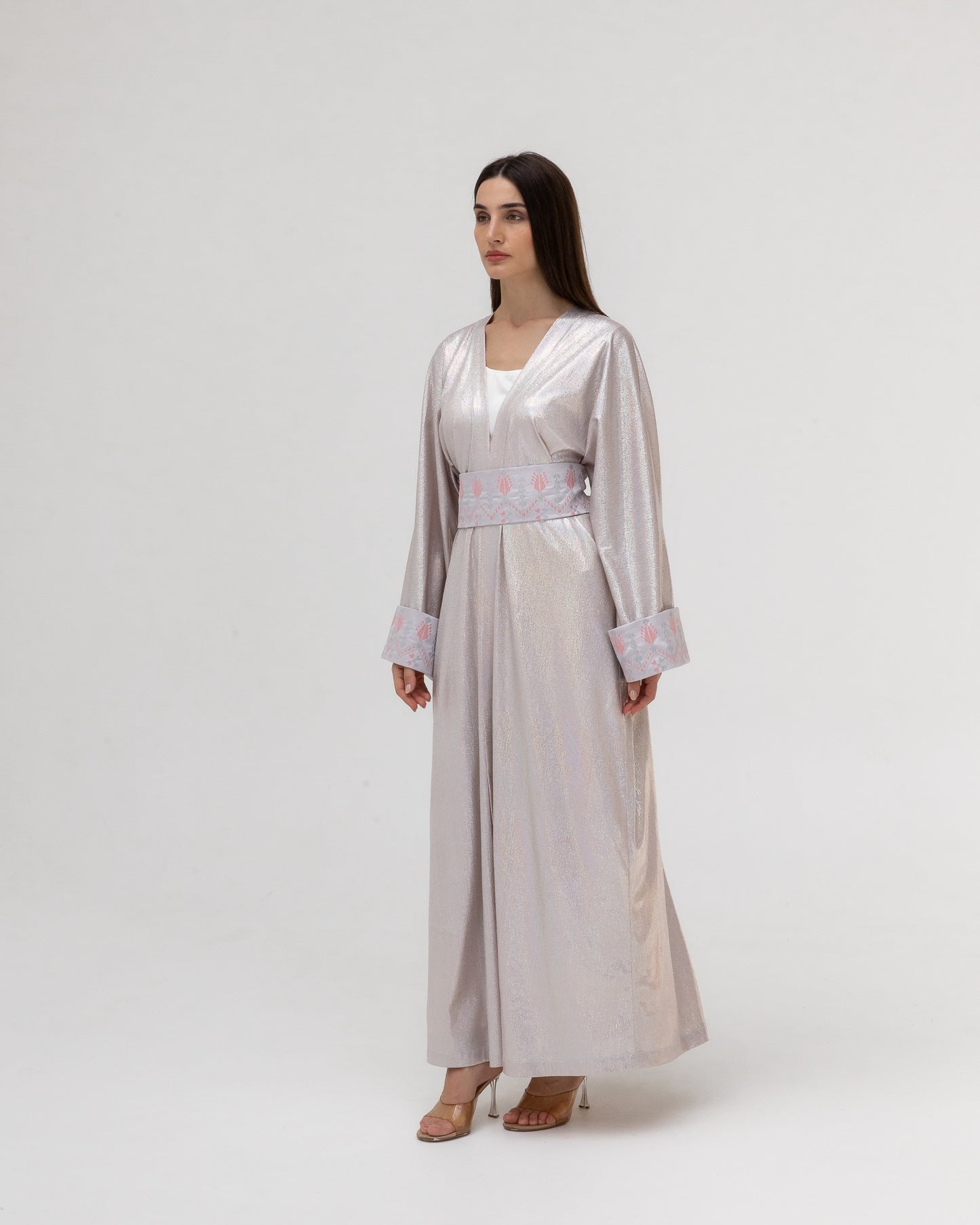 Shimmering Silver Abaya with Soft Embroidery
