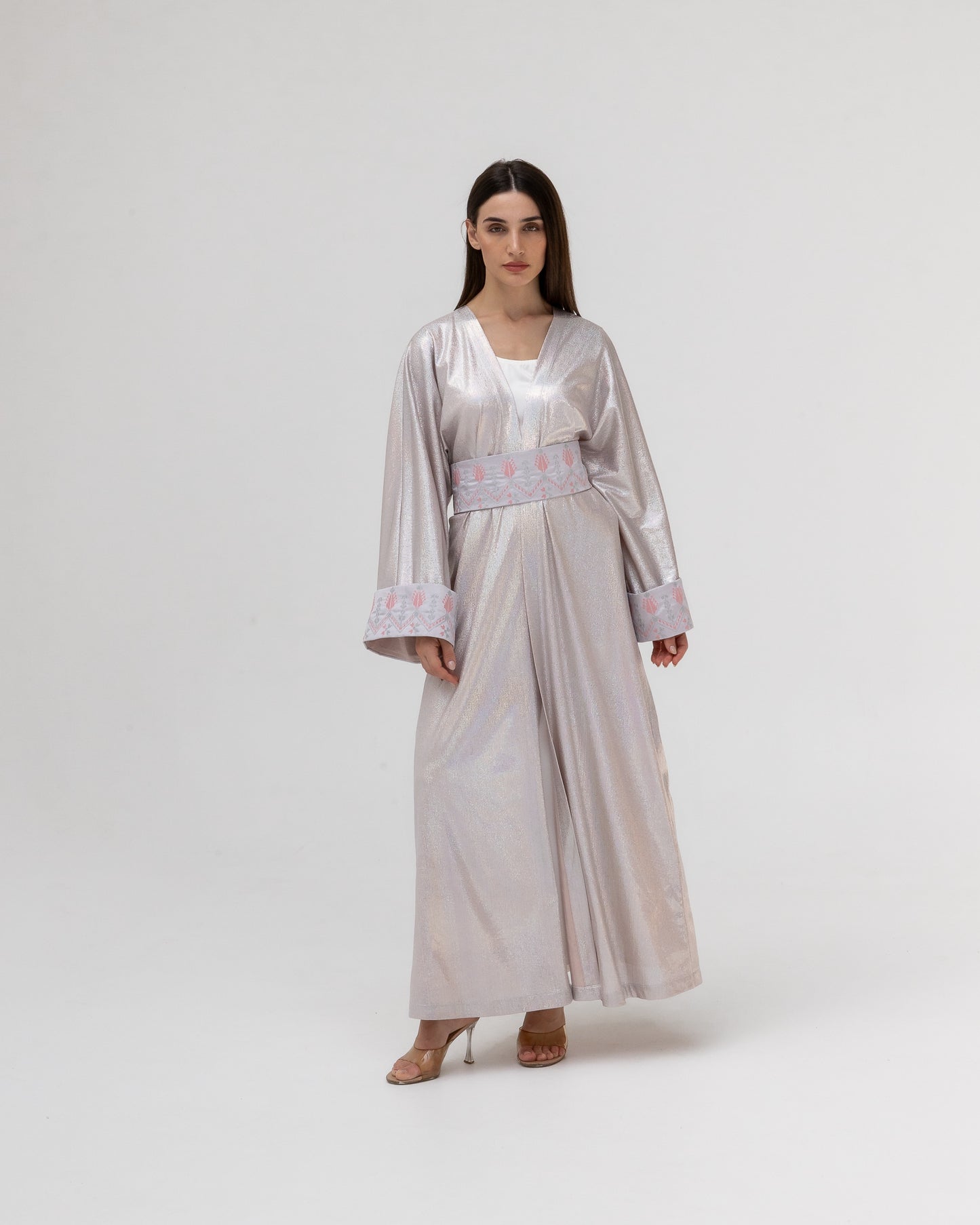 Shimmering Silver Abaya with Soft Embroidery