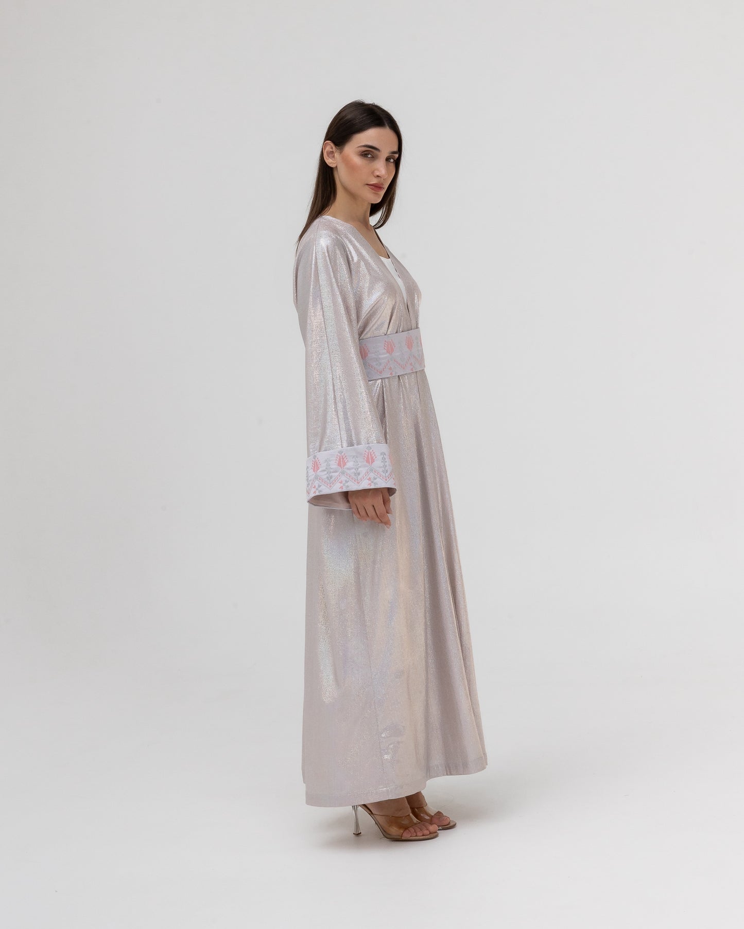 Shimmering Silver Abaya with Soft Embroidery