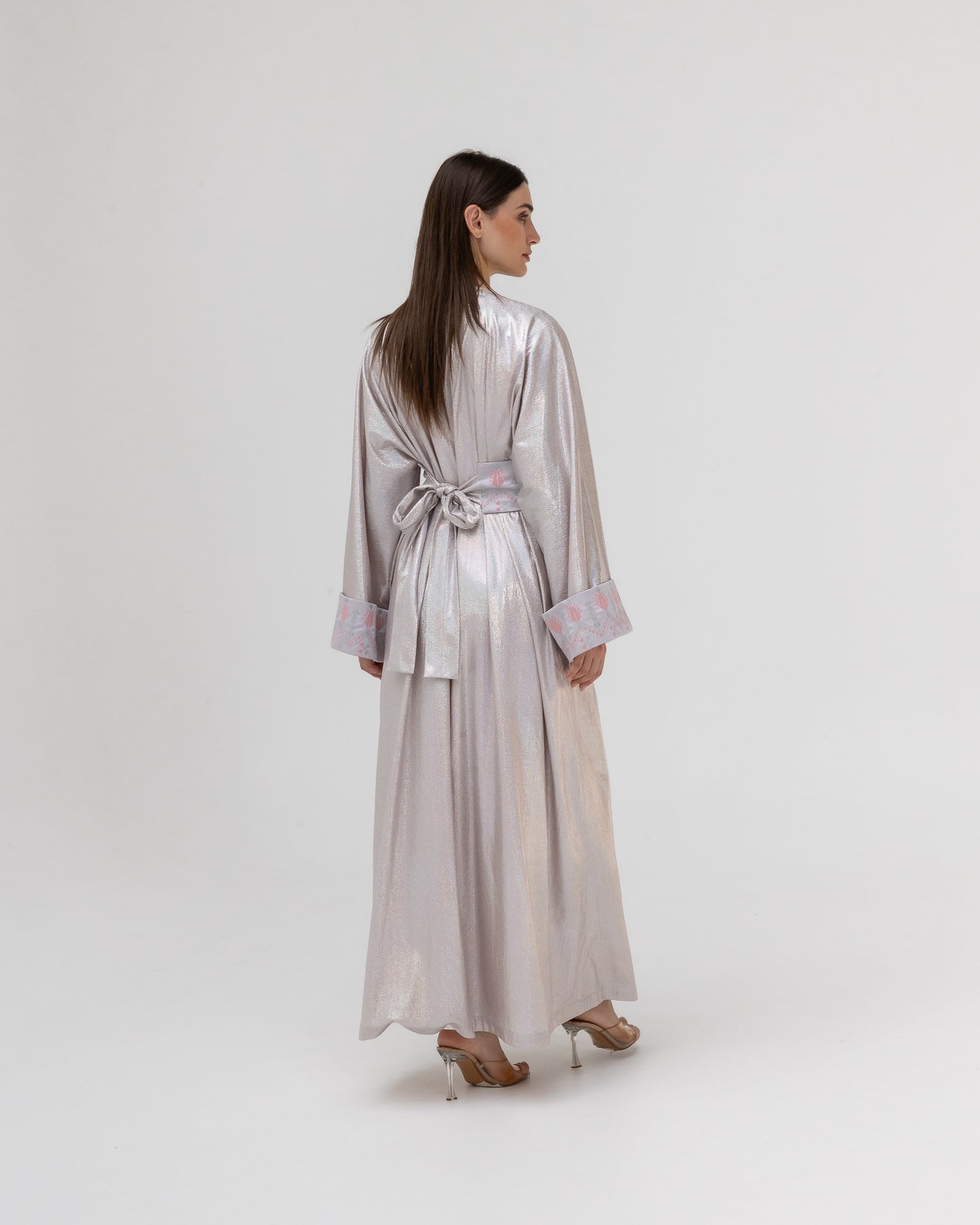 Shimmering Silver Abaya with Soft Embroidery