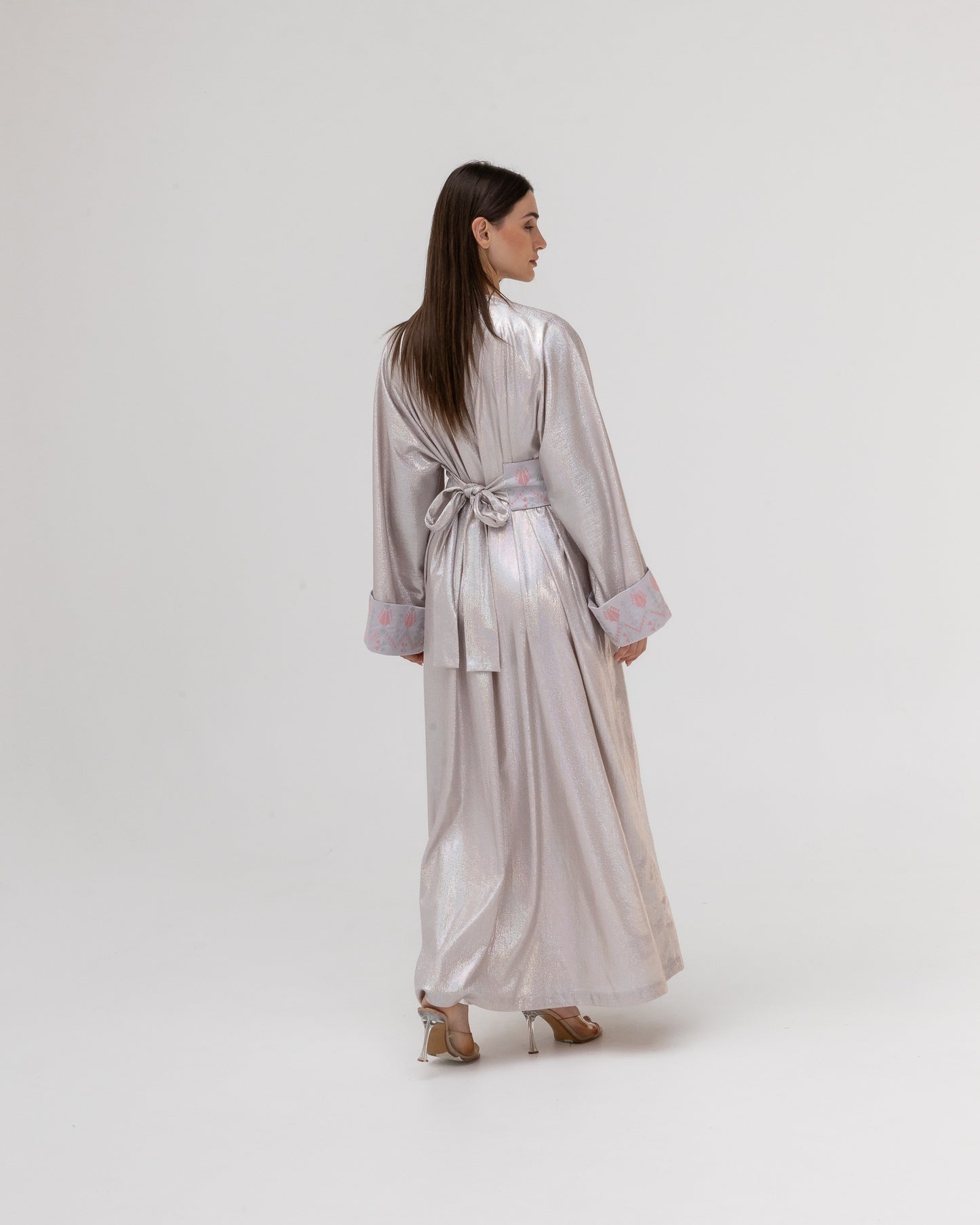 Shimmering Silver Abaya with Soft Embroidery