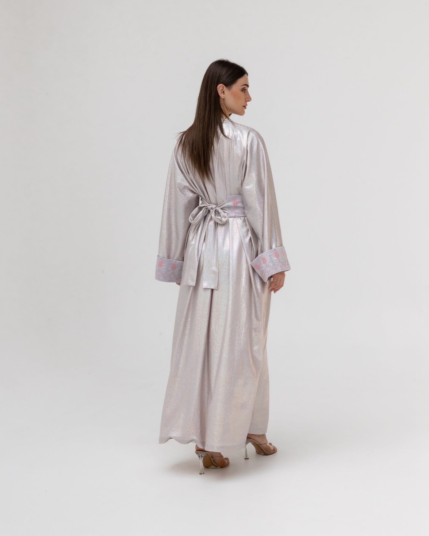 Shimmering Silver Abaya with Soft Embroidery