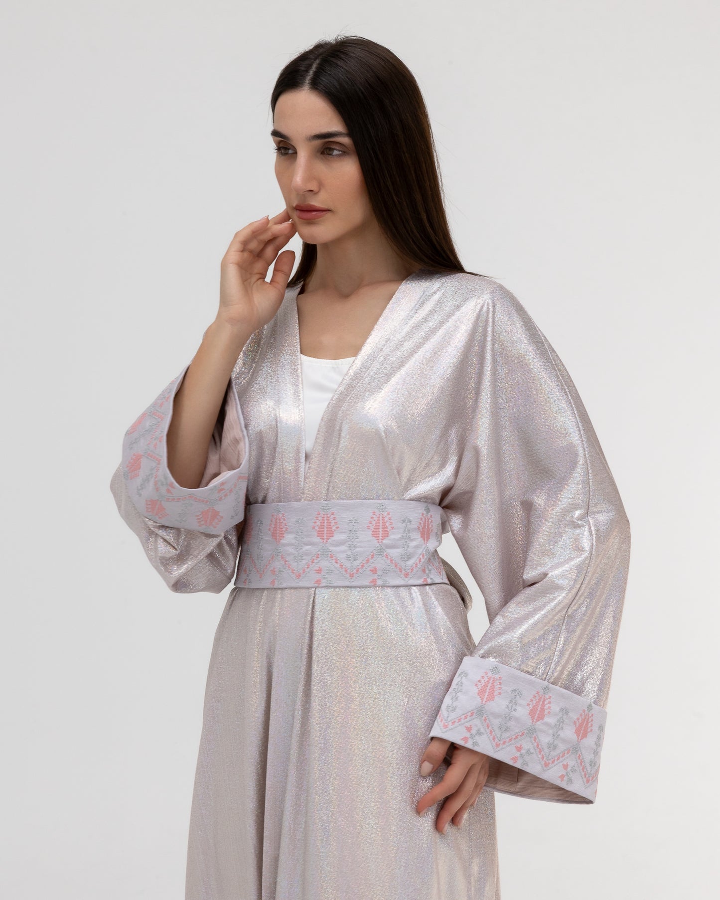 Shimmering Silver Abaya with Soft Embroidery