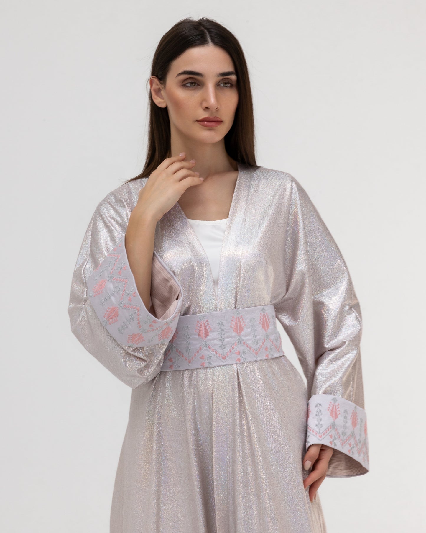 Shimmering Silver Abaya with Soft Embroidery