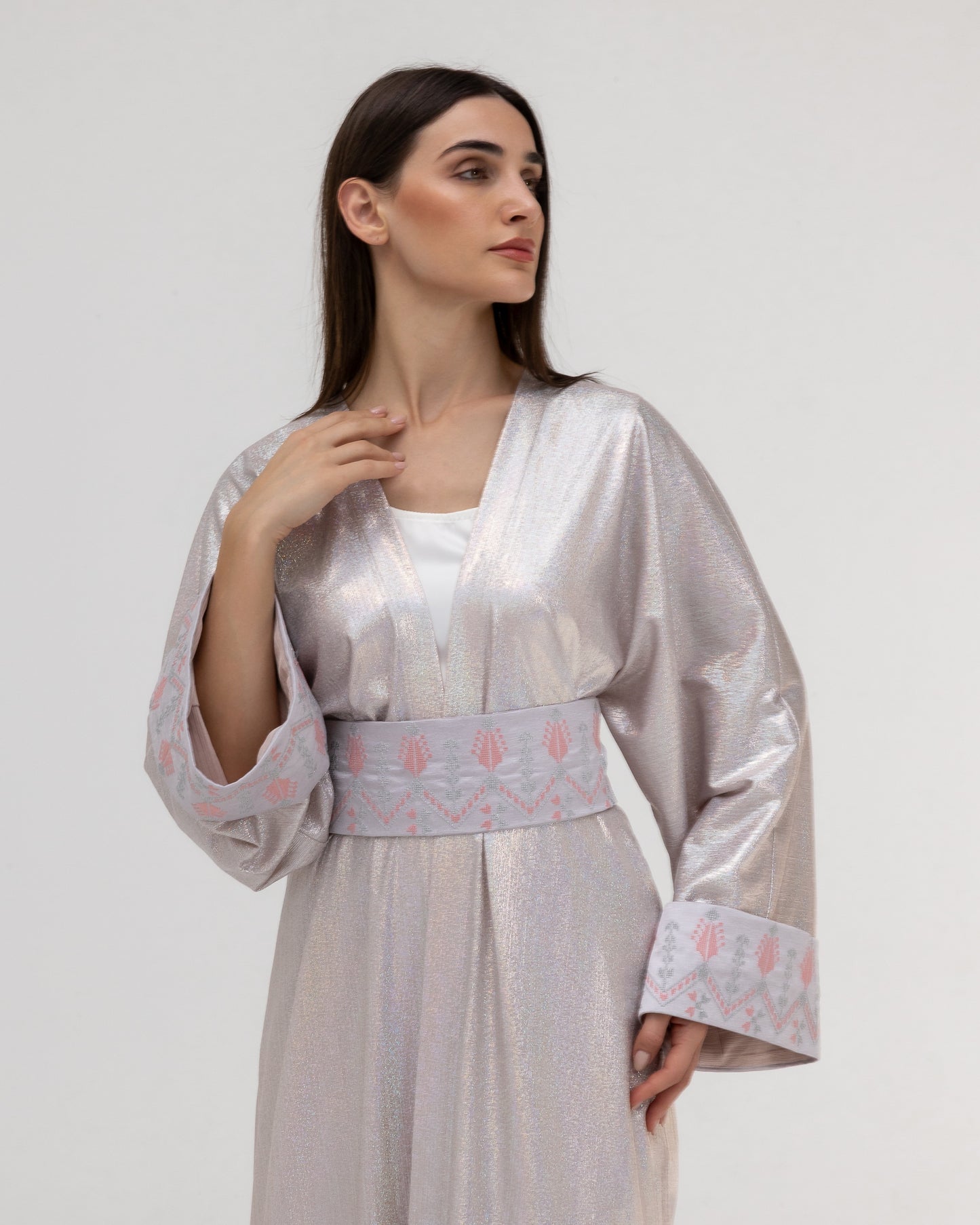 Shimmering Silver Abaya with Soft Embroidery