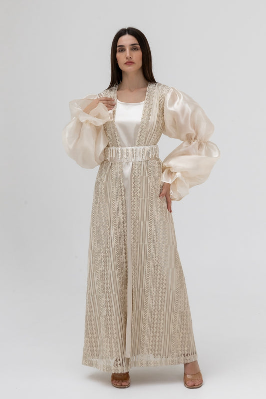 Champagne Lace Abaya with Sheer Puff Sleeves