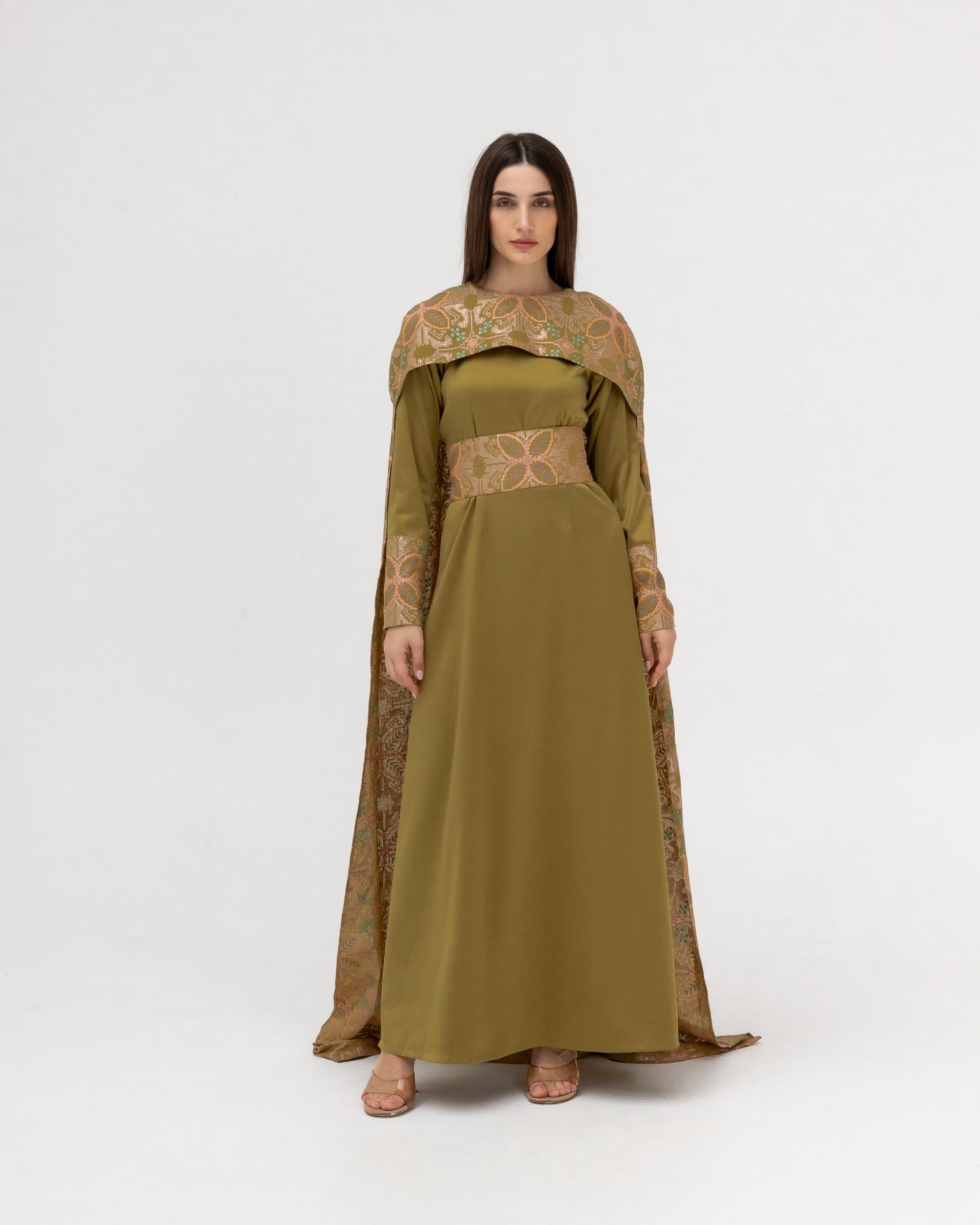 Olive Green Dress with Embroidered Cape