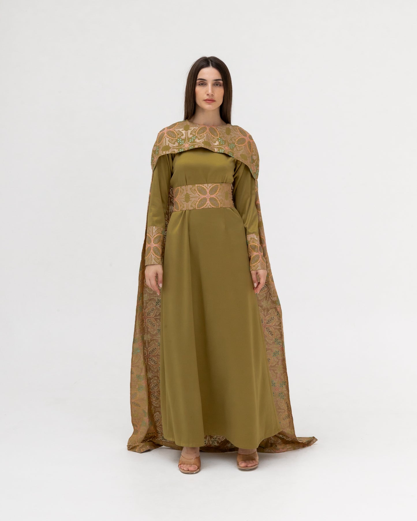 Olive Green Dress with Embroidered Cape