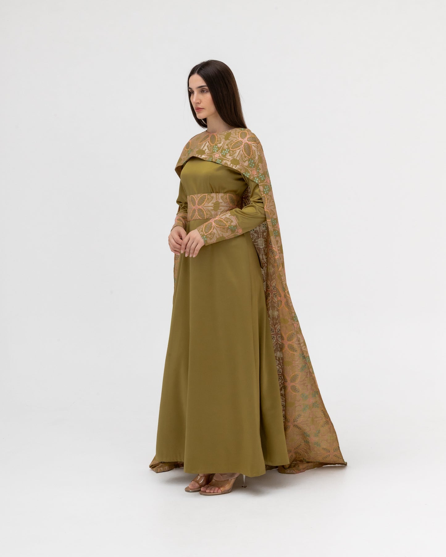 Olive Green Dress with Embroidered Cape