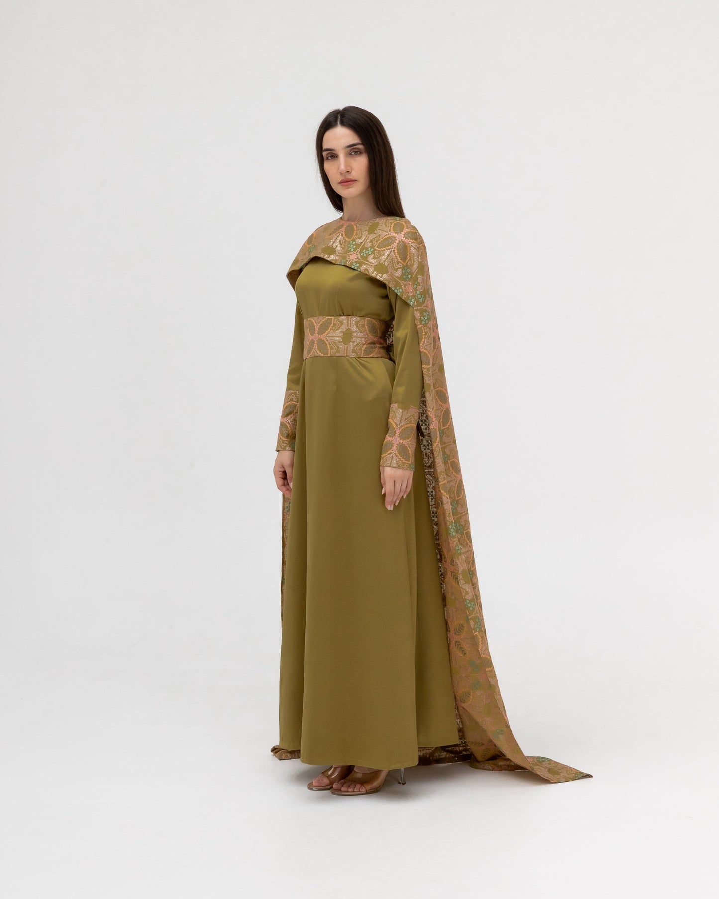 Olive Green Dress with Embroidered Cape
