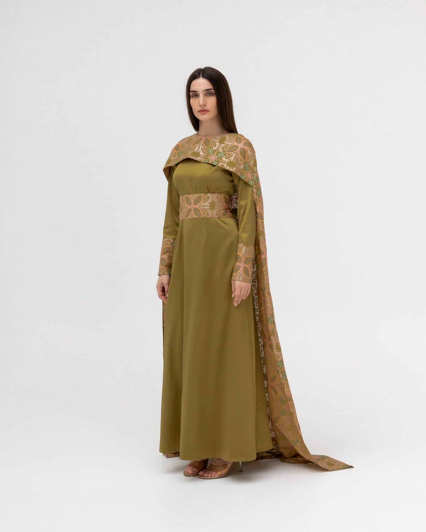 Olive Green Dress with Embroidered Cape