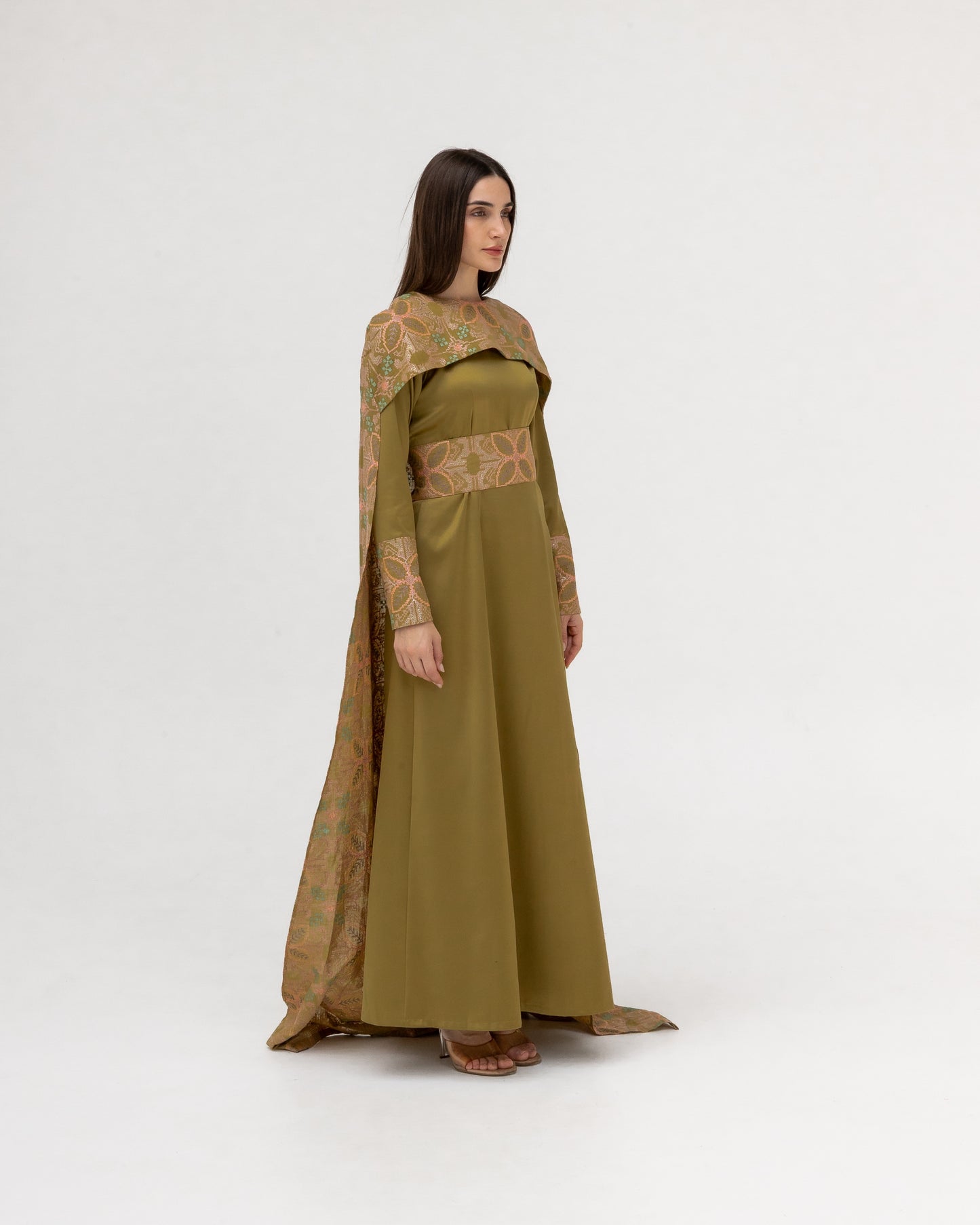 Olive Green Dress with Embroidered Cape