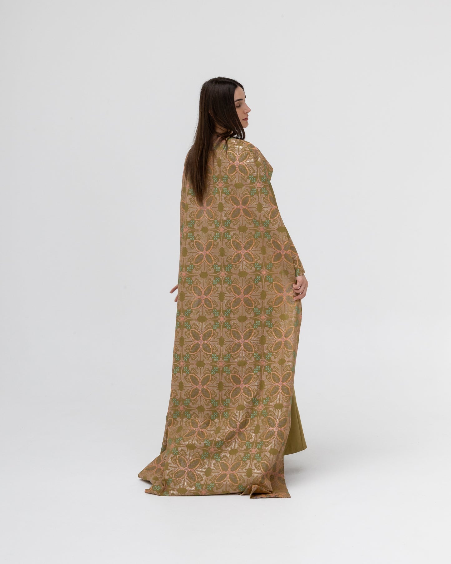 Olive Green Dress with Embroidered Cape