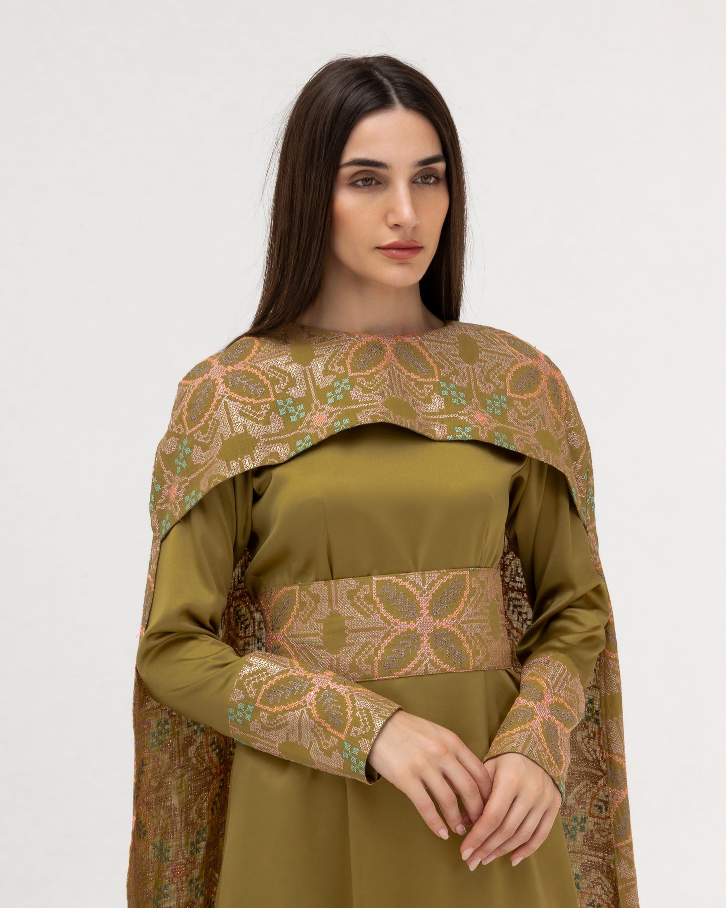 Olive Green Dress with Embroidered Cape