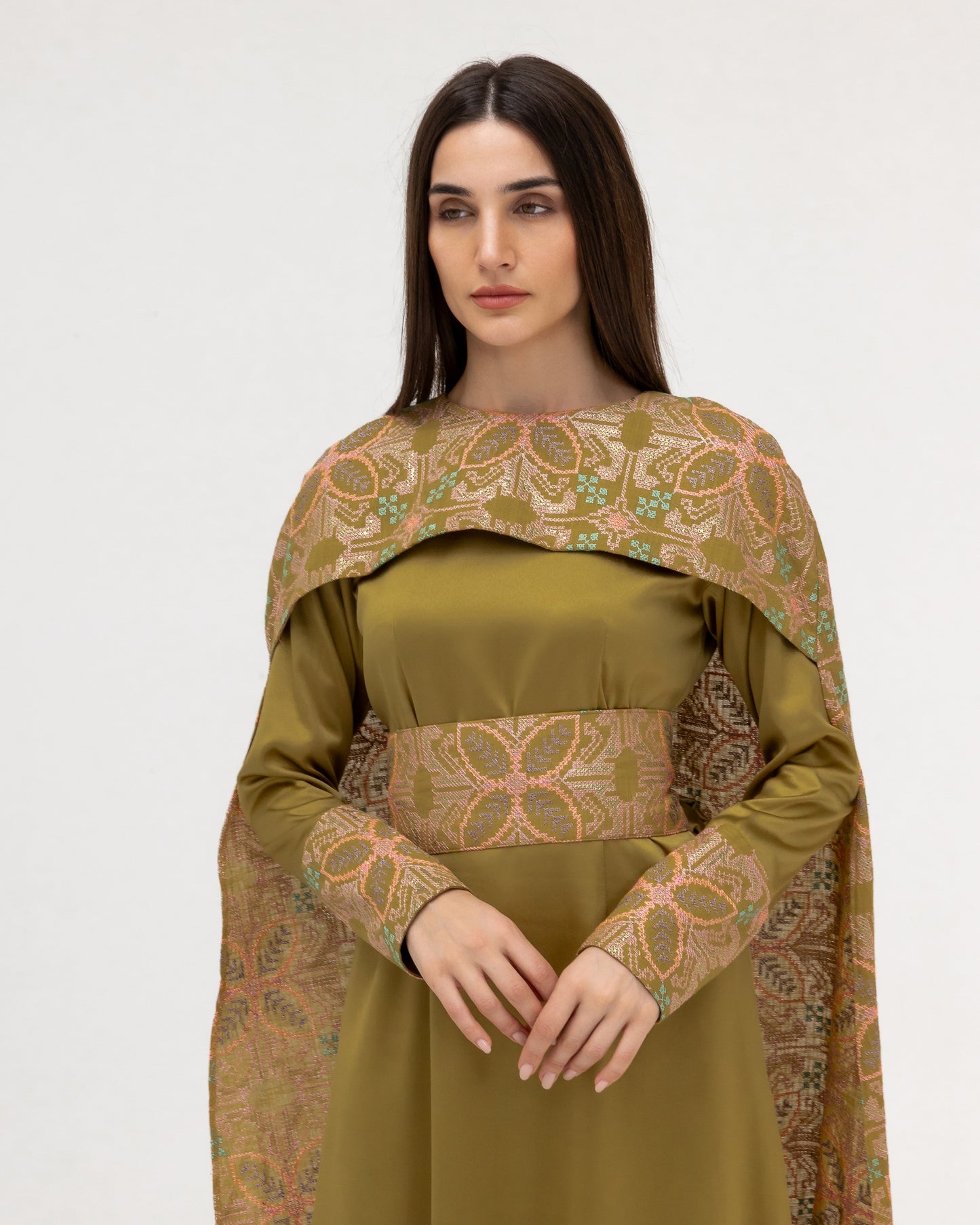 Olive Green Dress with Embroidered Cape
