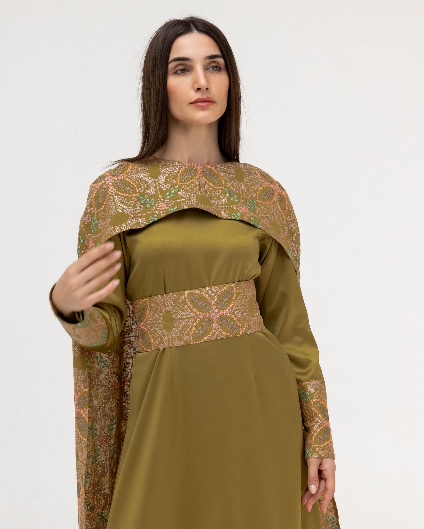 Olive Green Dress with Embroidered Cape