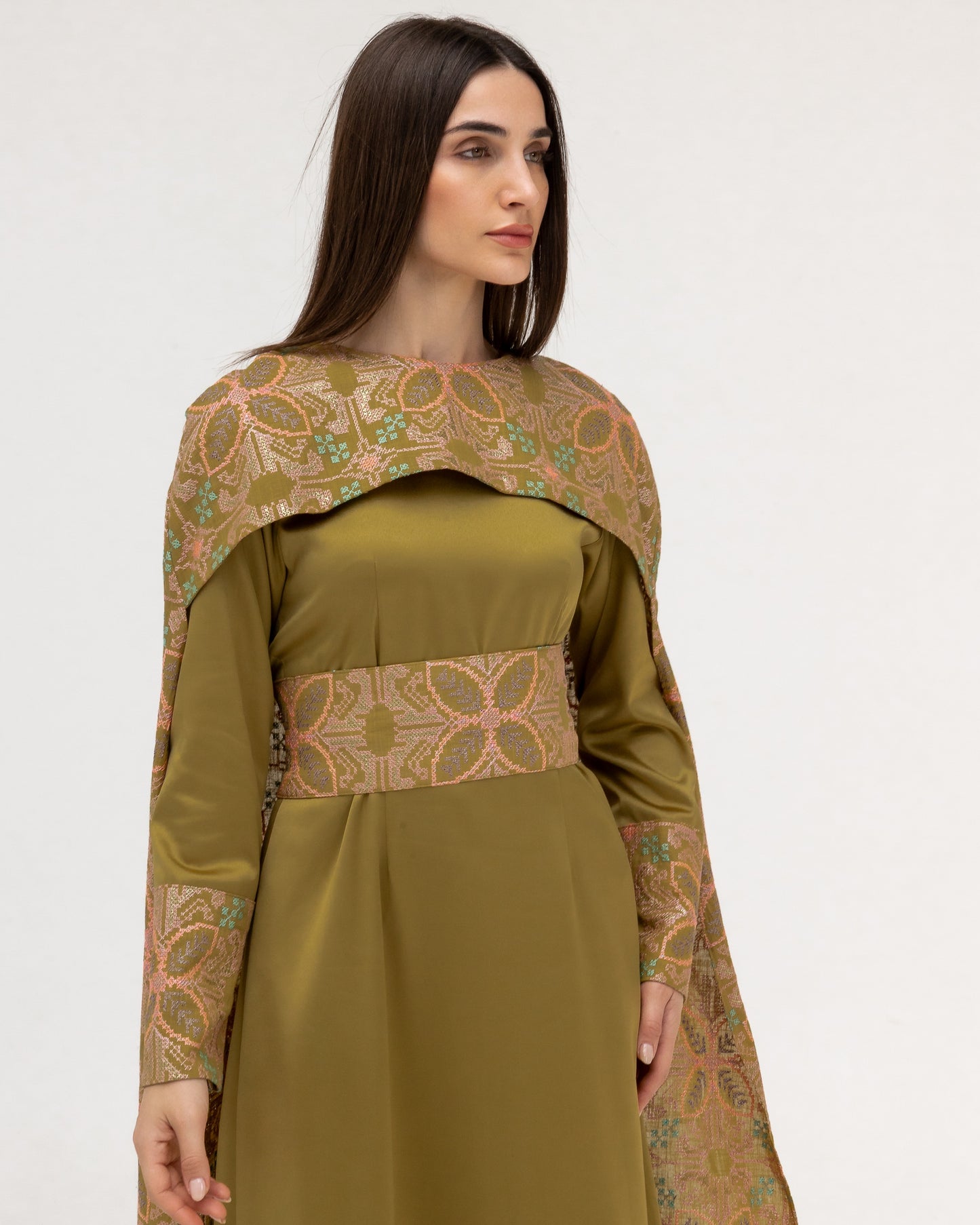 Olive Green Dress with Embroidered Cape