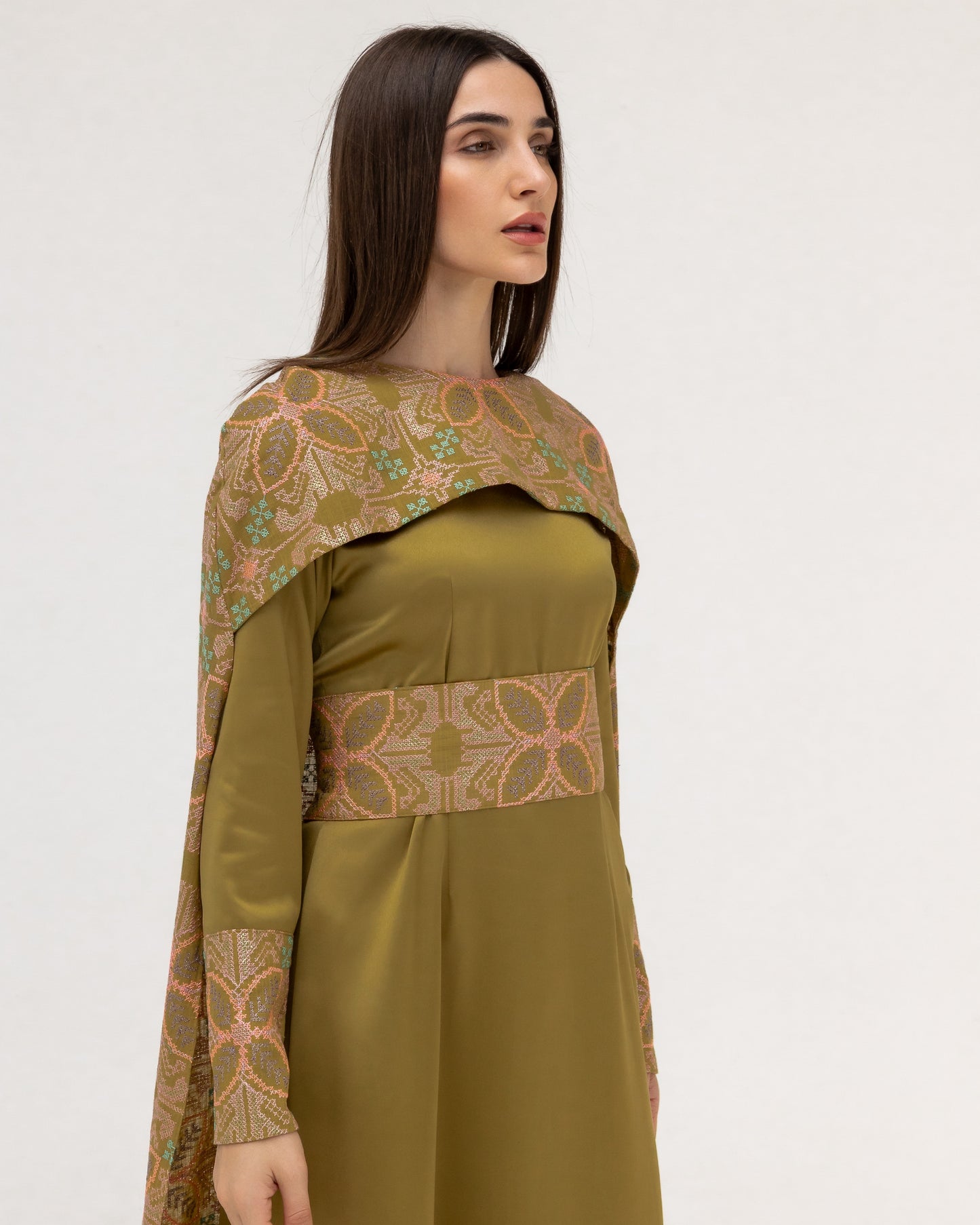 Olive Green Dress with Embroidered Cape