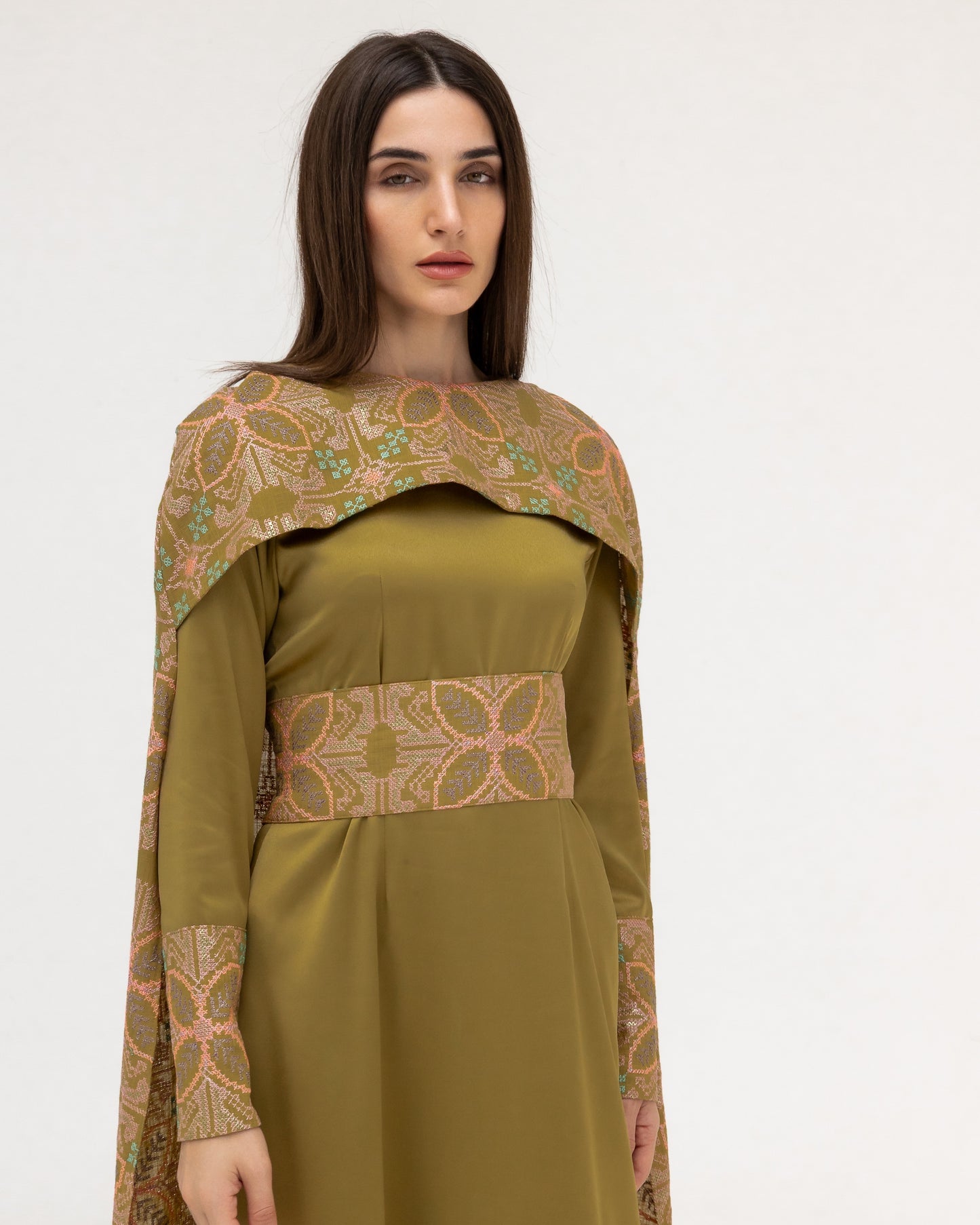 Olive Green Dress with Embroidered Cape