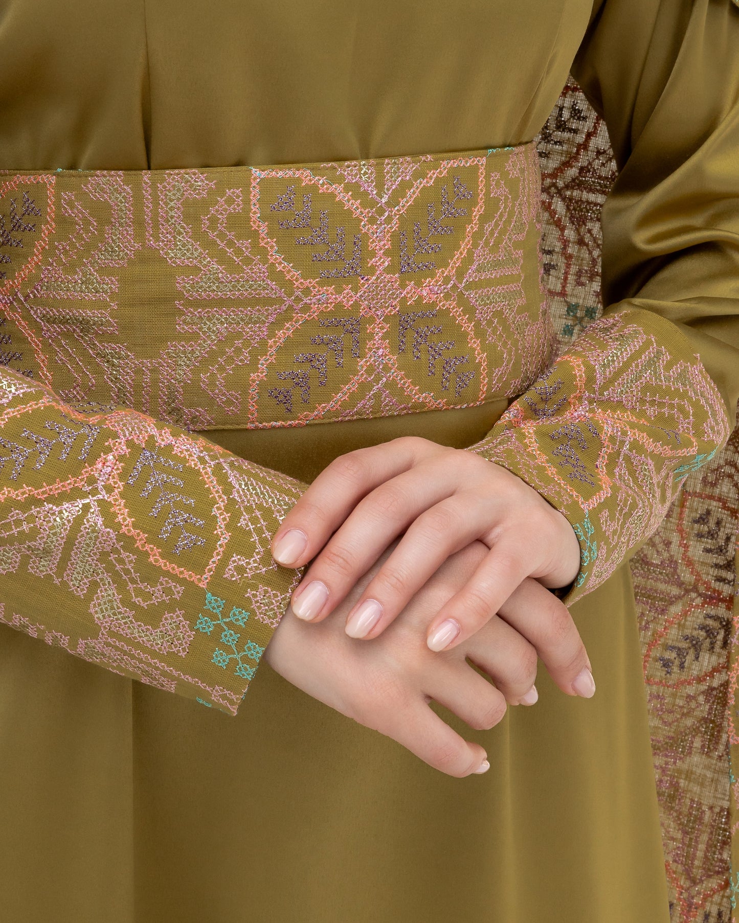 Olive Green Dress with Embroidered Cape