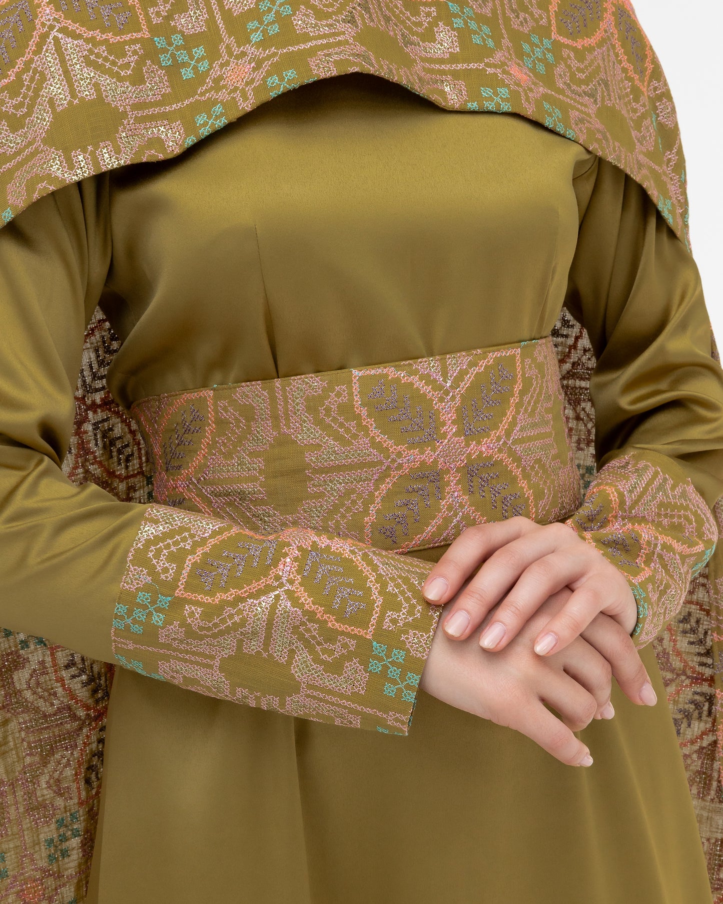 Olive Green Dress with Embroidered Cape