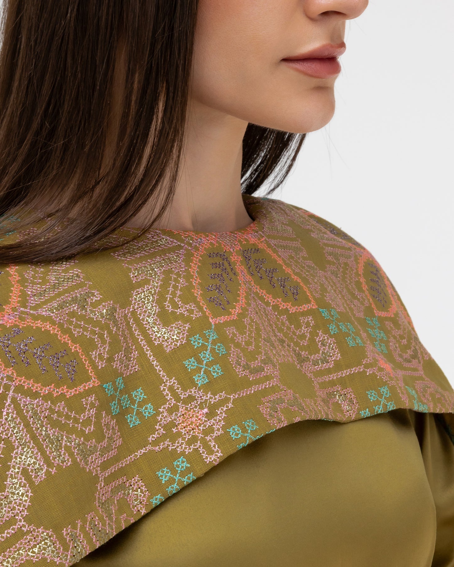 Olive Green Dress with Embroidered Cape