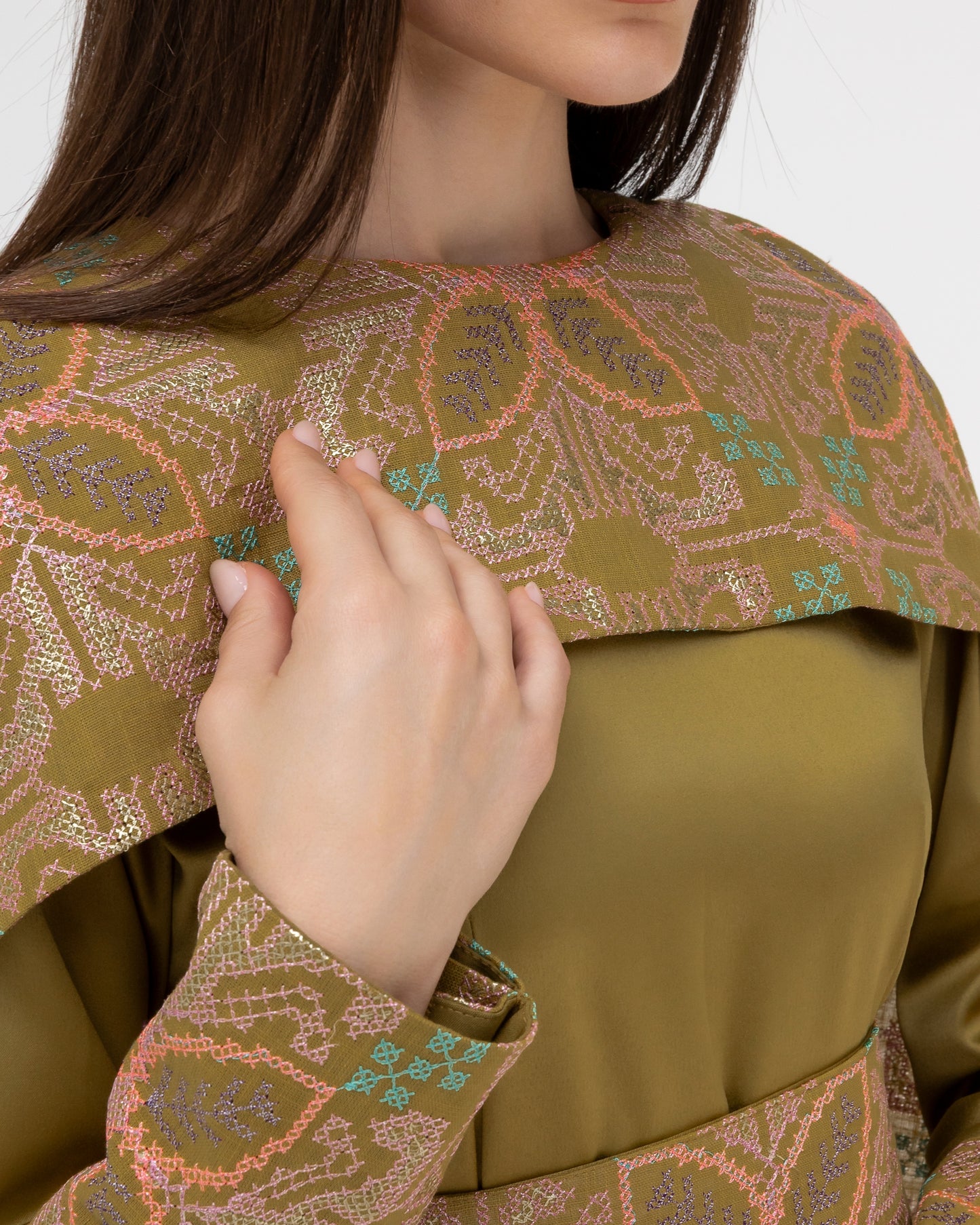 Olive Green Dress with Embroidered Cape