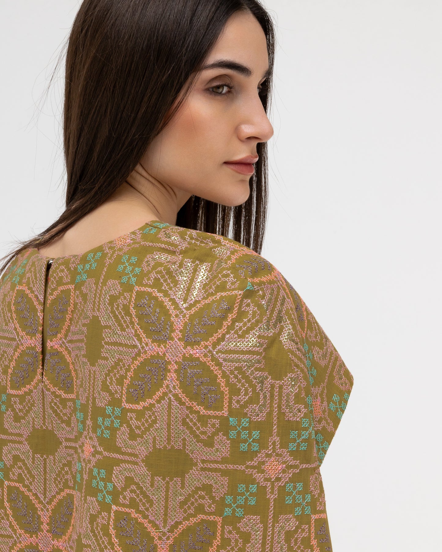 Olive Green Dress with Embroidered Cape